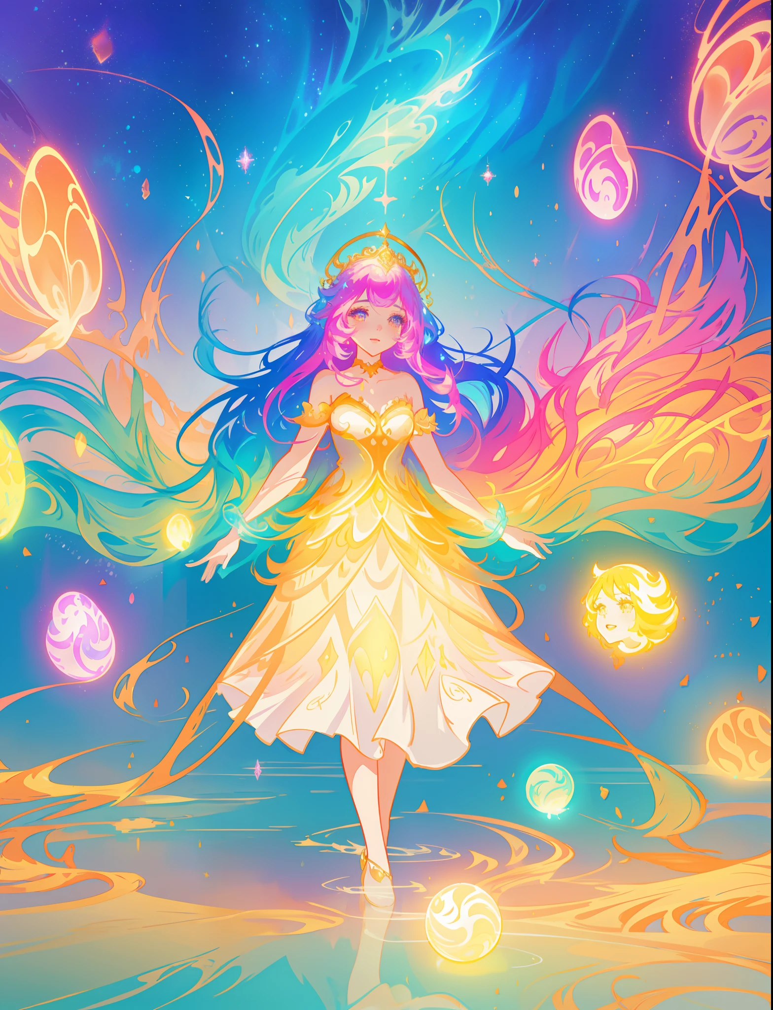 beautiful girl, puffy tiered ballgown, vibrant pastel colors, otherworldly landscape, (colorful), glowing golden long hair, magical lights, sparkling magical liquid, inspired by Glen Keane, inspired by Lois van Baarle, disney art style, by Lois van Baarle, glowing aura around her, by Glen Keane, jen bartel, glowing lights! digital painting, flowing glowing hair, glowing flowing hair, beautiful digital illustration, fantasia background, whimsical, magical, fantasy, ((beautiful face)), ((masterpiece, best quality)), intricate details, highly detailed, sharp focus, 8k resolution, sparkling detailed eyes, liquid watercolor