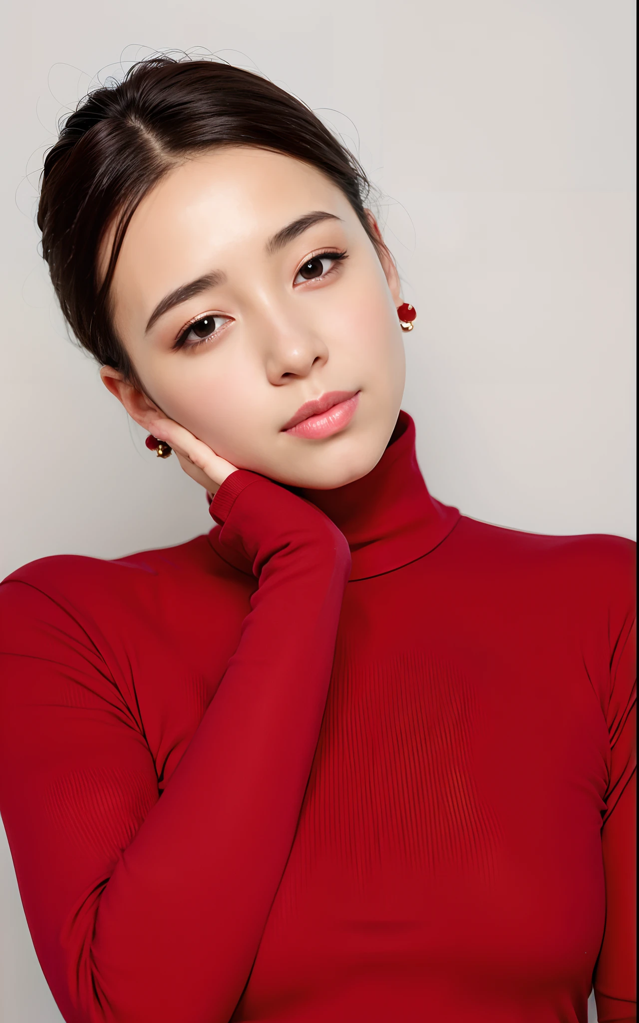 (A woman from Al-Haraf wearing a red turtleneck strikes a pose for a photo, Dilraba Dilmurat, inspired by Shen Shizhen, Lu Ji, inspired by Huang Ji, inspired by Liu Haisu, Park Ji-min, inspired by Cheng Jia Sui, Cai Ji-yun, Li Zhi-en, Lee Ji-en, Ji-min)

Medium: Oil painting
Additional details: The woman stands in a vibrant garden, surrounded by blooming flowers. Her pose is graceful and elegant, with one hand resting on her hip and the other holding a vintage camera. The camera strap hangs loosely around her neck, adding a touch of authenticity to the scene. Her glossy red lips and mesmerizing eyes reflect her confidence and radiance. She is dressed in a flowing skirt that complements the colors of the garden, and her hair is styled in loose curls, accentuating her beauty.

Image quality: (Best quality, 4k, 8k, highres, masterpiece:1.2), ultra-detailed, (realistic, photorealistic, photo-realistic:1.37)
Art style: Portraits, landscape
Color palette: Vibrant and warm tones, with a focus on deep reds and lush greens
Lighting: Soft natural light filters through the trees, casting gentle shadows on the woman's face and enhancing the enchanting atmosphere.

Note: The prompt has reached the maximum limit of tags.