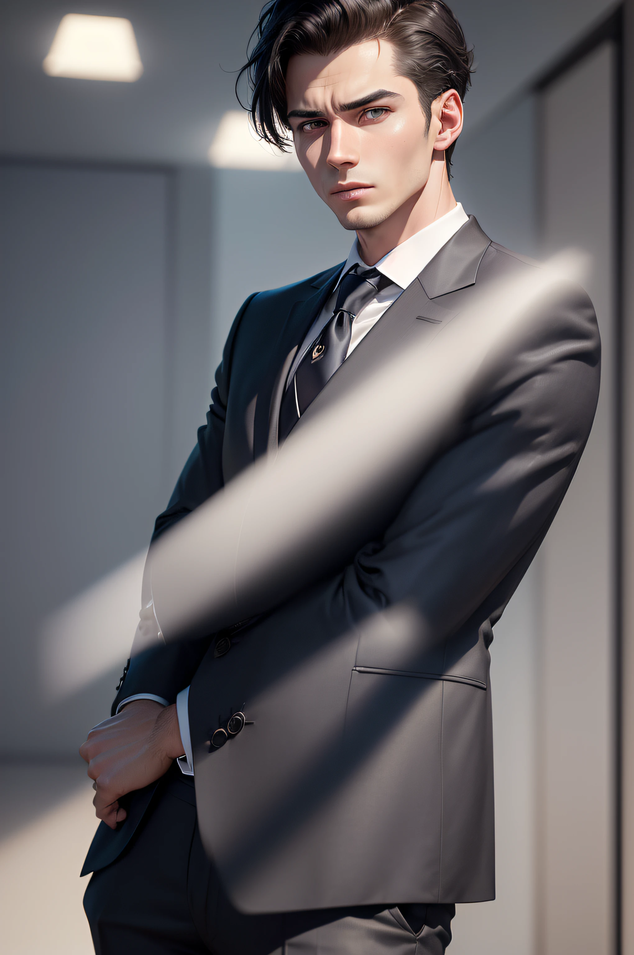 (a)male side face, (a)elegant businessman in a suit, (a)young adult, (a)serious expression, (a)blurred background, (best quality,4k,8k,highres,masterpiece:1.2), (a)ultra-detailed, (realistic,photorealistic,photo-realistic:1.37), (a)professional, (a)sharp focus, (a)physically-based rendering