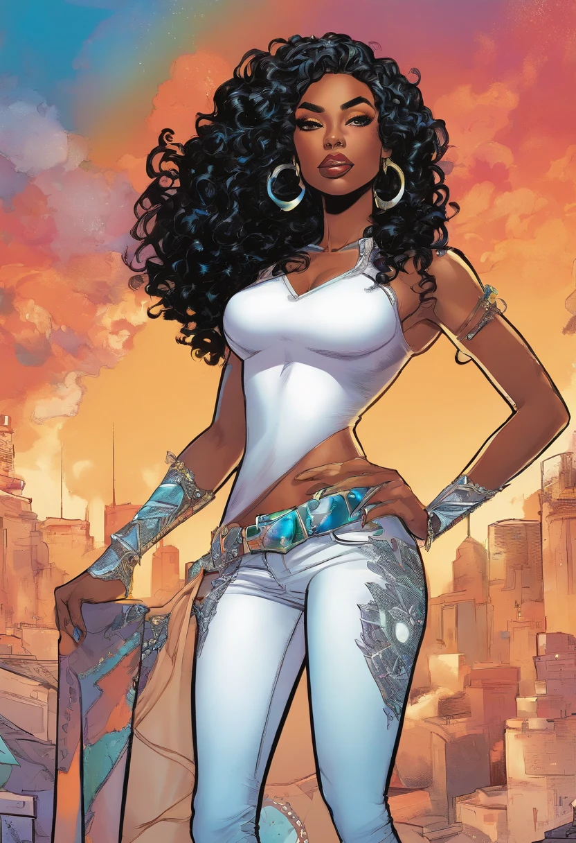 American comics, lightskin African American woman, with long curly black hair,and an iridescent white streak in the front, With an iridescent Diamond embedded in forehead. Wearing long black high heeled boots, with a black and white bralette, spandex pants, high heel thigh high boots