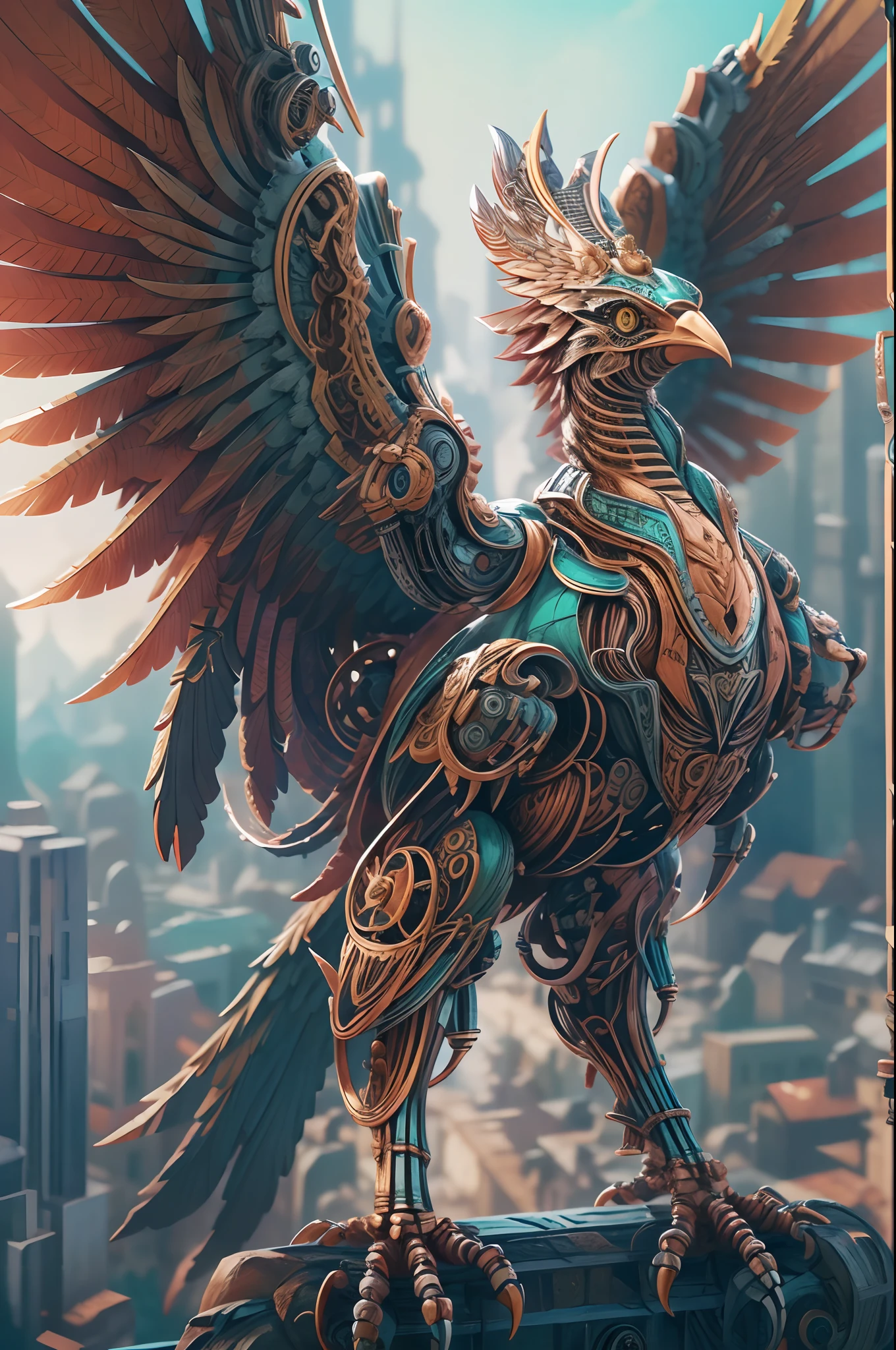 ((Best Quality)), ((Masterpiece)), (Very detailed: 1.3), 8K, giant mechanical (bird), garuda, wings, talon, feathers, metallic texture, futuristic style, mechanical parts, high-tech, beak, intricate detail, majestic, flying pose, dynamic composition, vibrant colors, best lightning, city background, dystopian, full view, soaring in the sky