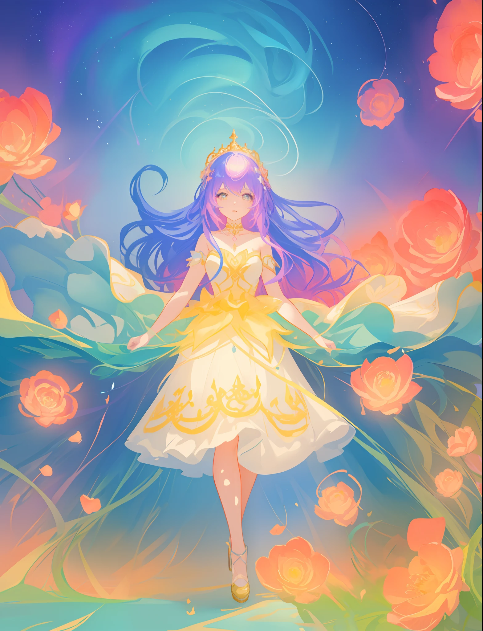 beautiful girl, puffy tiered ballgown, vibrant pastel colors, otherworldly landscape, (colorful), glowing golden long hair, magical lights, sparkling magical liquid, inspired by Glen Keane, inspired by Lois van Baarle, disney art style, by Lois van Baarle, glowing aura around her, by Glen Keane, jen bartel, glowing lights! digital painting, flowing glowing hair, glowing flowing hair, beautiful digital illustration, fantasia background, whimsical, magical, fantasy, ((beautiful face)), ((masterpiece, best quality)), intricate details, highly detailed, sharp focus, 8k resolution, sparkling detailed eyes, liquid watercolor