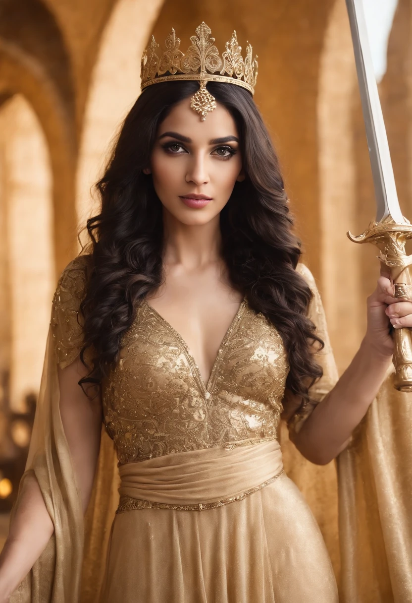 Arabian woman, black long curly hair, golden crown, golden gown, gold powers, hold a golden sword