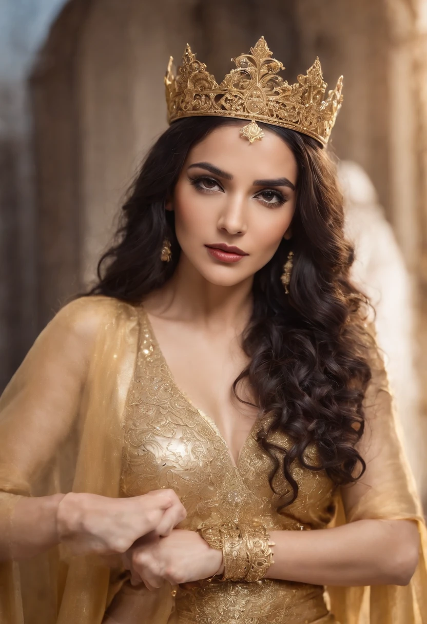 Arabian woman, black long curly hair, golden crown, golden gown, gold powers, hold a golden sword