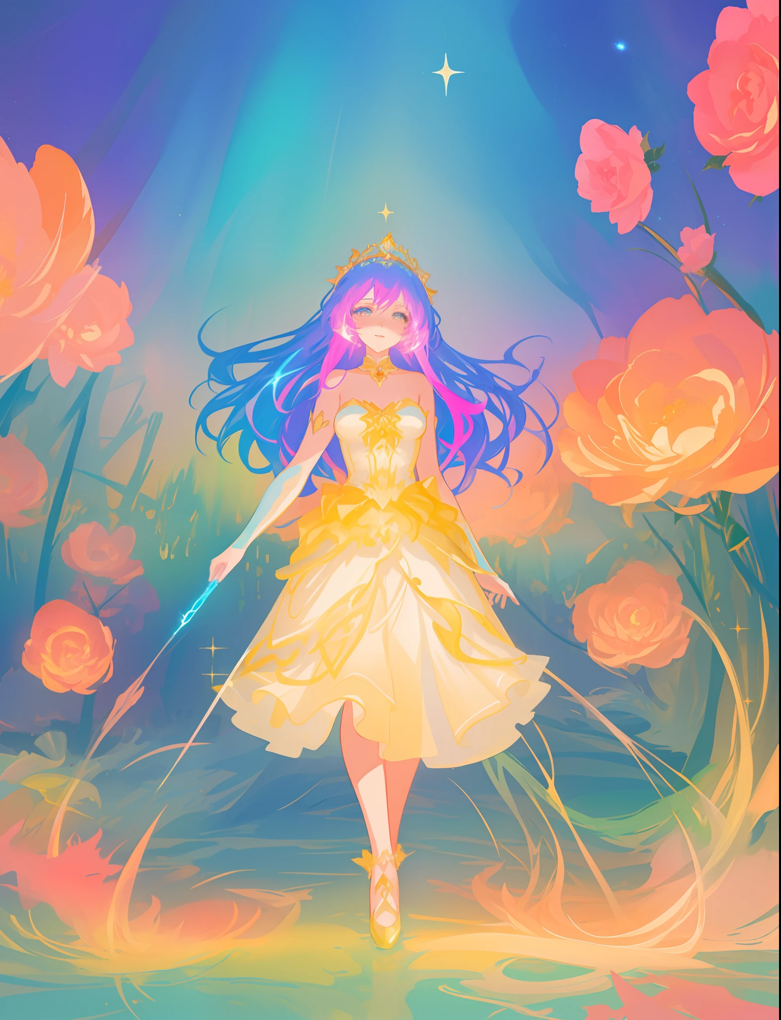 beautiful girl, puffy tiered ballgown, vibrant pastel colors, otherworldly landscape, (colorful), glowing golden long hair, magical lights, sparkling magical liquid, inspired by Glen Keane, inspired by Lois van Baarle, disney art style, by Lois van Baarle, glowing aura around her, by Glen Keane, jen bartel, glowing lights! digital painting, flowing glowing hair, glowing flowing hair, beautiful digital illustration, fantasia background, whimsical, magical, fantasy, ((beautiful face)), ((masterpiece, best quality)), intricate details, highly detailed, sharp focus, 8k resolution, sparkling detailed eyes, liquid watercolor