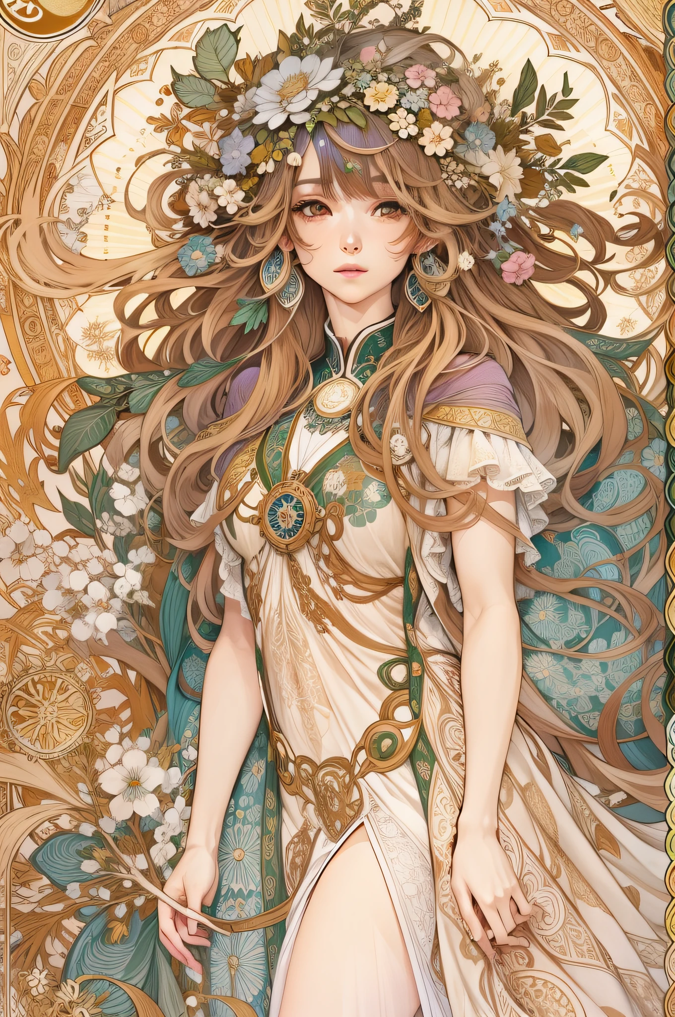 GENSHIN, cabelo claro, book page coloring art, fundo branco, arte de linha, livro para colorir, Arte de linha limpa, Mandala para colorir com enfeites da natureza, arte de linha simples e limpa, coloring book page, adornado em estilo Art Nouveau, com um toque de pincel de Alfons Mucha, detalhes perfeitos, real.