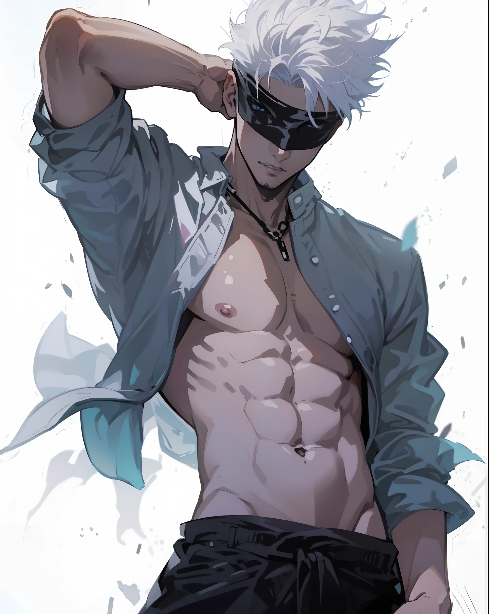 (absurdos, Altas Resoluciones, Ultra detallado, HDR), Obra maestra, nsfw, La mejor calidad, jujutsu kaisen, gojo satoru, 1hombre solamente en combate, guapo, pelo corto, cabello blanco, Ojos azules vibrantes, ojos finos y cara detalladas, quitandose venda negra de los ojos, (((Fuego, llamas, a su espalda)) Armadura, ((Arma intrincada)). Final Fantasy, sexy, abs, badass pose, Chico de anime, Anime hombre guapo, Personaje masculino de anime, Badass Anime 8K, Arte detallado del personaje de anime, Concepto de anime HDR Anime MacManus, Chico anime, Ikuto Yamashita, Anime CG arte suave, Fondo de pantalla de manga 4 k, inspirado por Yamagata Hiro, Wallaper de anime