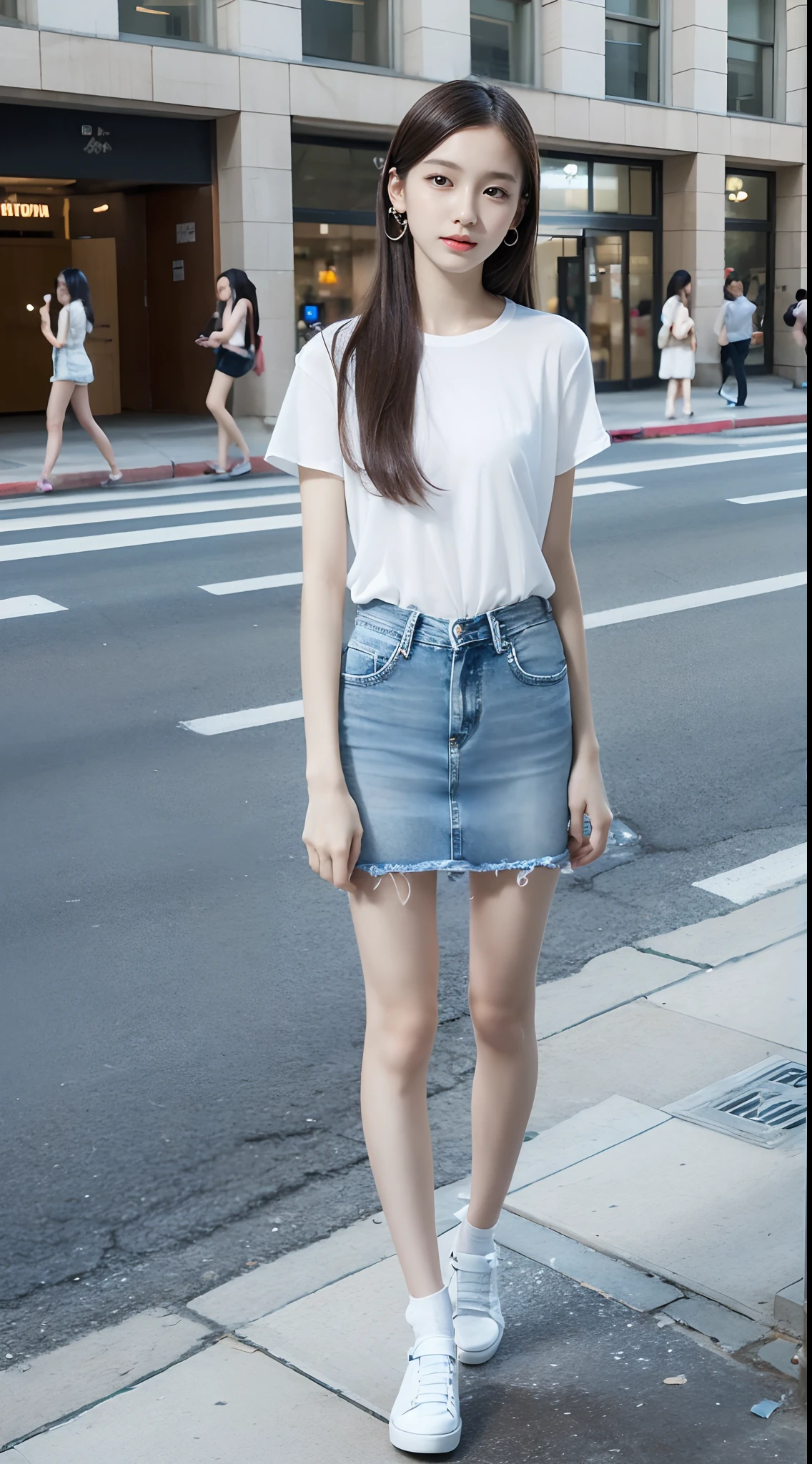 Ultra-clear resolution,top Quority,Wonderful young girl,ear studs,Clear eyes,plain face,Gloss on lips,s the perfect face,White skin,Perfect chest,Slender legs,Denim miniskirt,Random shoes,street