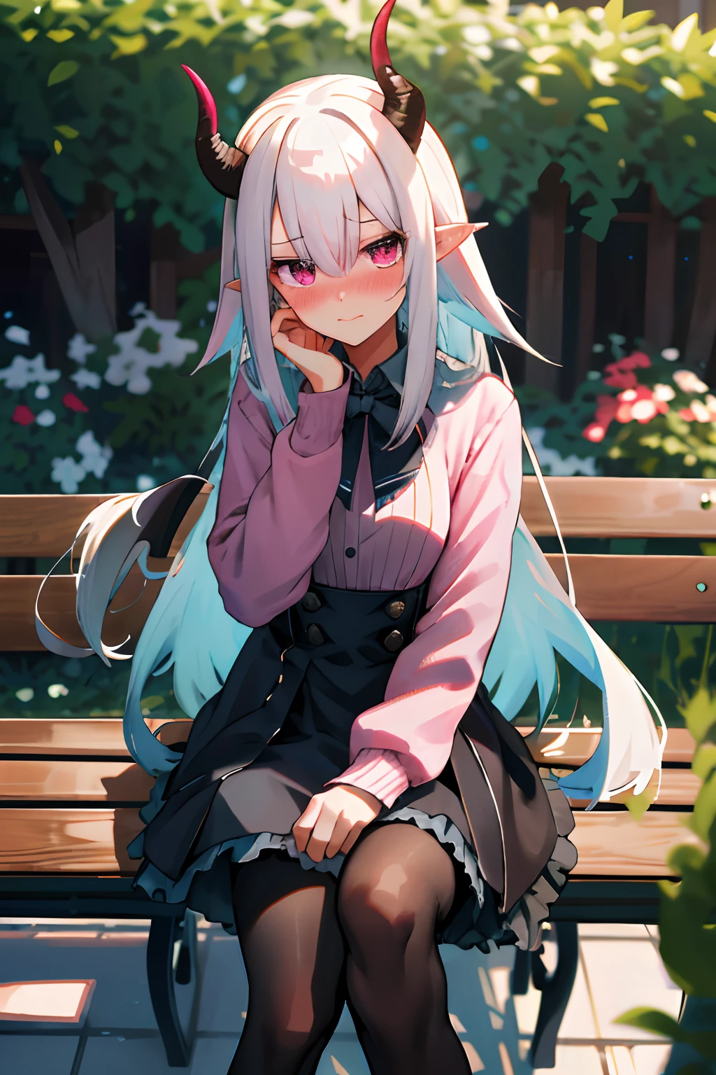 One girl with long hair, white hair, looking at viewer, embarrassed, blushing, outdoor , garden, bench, sit on, crossed legs, pink sweater, black bow tie, black hight waist skirt ,thigh, pointy ears, demon wings, demon king, demon horn, perfect waist, pantyhose