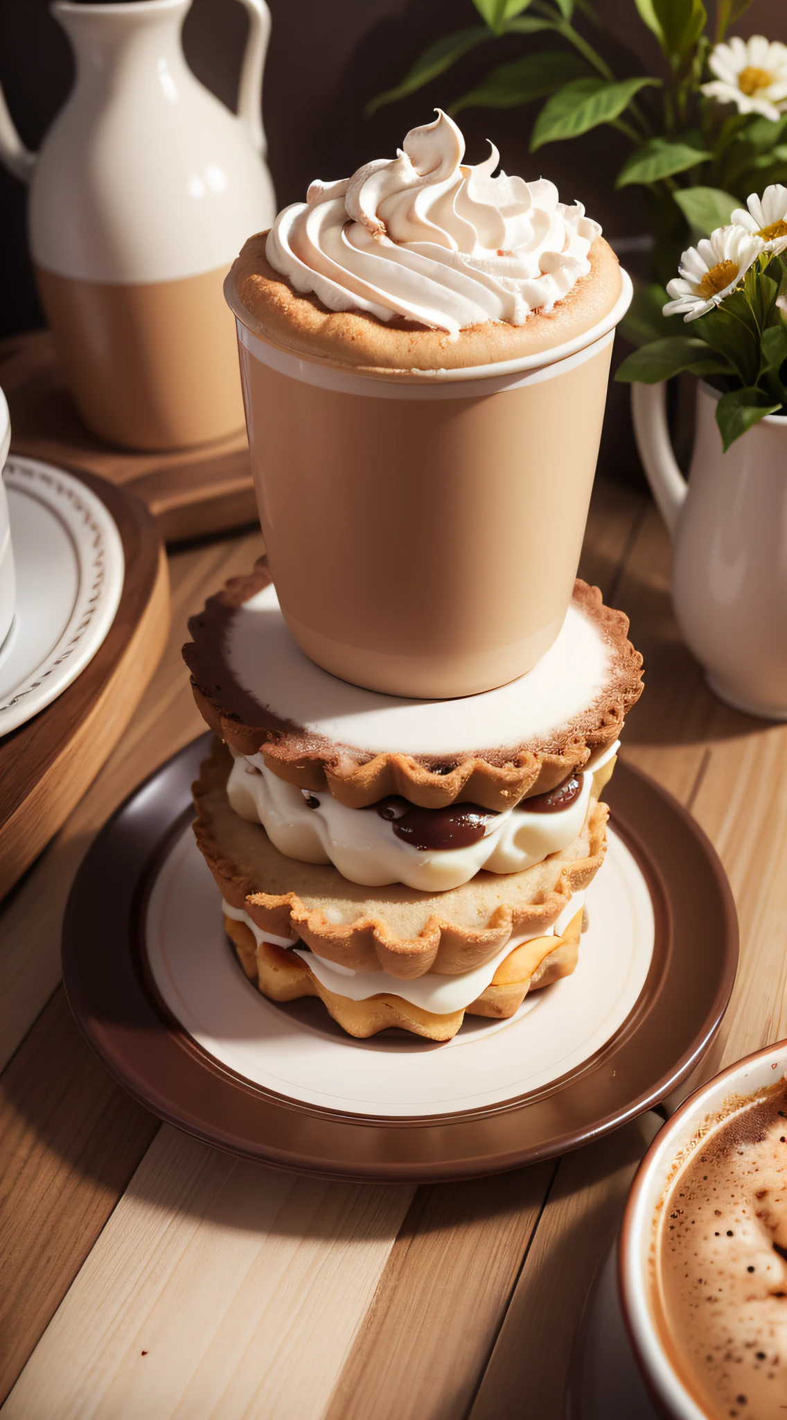 Coffee in a beautiful gourmet cup, Bom dia, estampa floral, day lighting, flor, chique, sugar, coffee beans, Estampada Flores, sobremesa, renda, Cristais, linhas douradas, profissional, Realistic, Qualidade Superior, tmasterpiece, toalha de mesa de bolinhas, Colorido, uma pastelaria