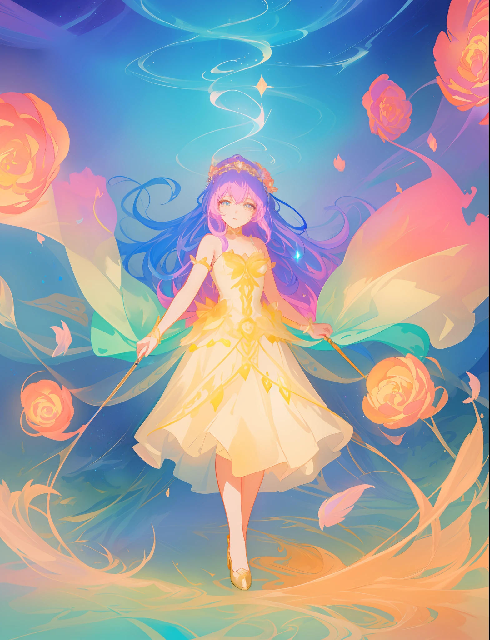 beautiful girl, puffy tiered ballgown, vibrant pastel colors, otherworldly landscape, (colorful), glowing golden long hair, magical lights, sparkling magical liquid, inspired by Glen Keane, inspired by Lois van Baarle, disney art style, by Lois van Baarle, glowing aura around her, by Glen Keane, jen bartel, glowing lights! digital painting, flowing glowing hair, glowing flowing hair, beautiful digital illustration, fantasia background, whimsical, magical, fantasy, ((beautiful face)), ((masterpiece, best quality)), intricate details, highly detailed, sharp focus, 8k resolution, sparkling detailed eyes, liquid watercolor