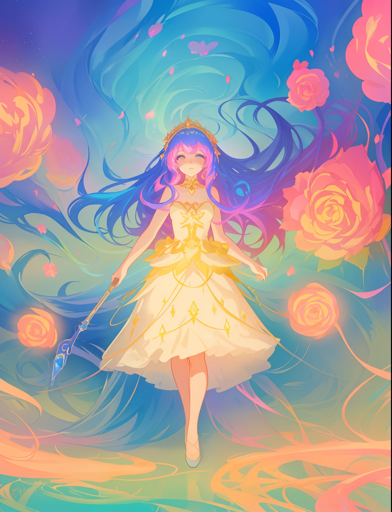 beautiful girl, puffy tiered ballgown, vibrant pastel colors, otherworldly landscape, (colorful), glowing golden long hair, magical lights, sparkling magical liquid, inspired by Glen Keane, inspired by Lois van Baarle, disney art style, by Lois van Baarle, glowing aura around her, by Glen Keane, jen bartel, glowing lights! digital painting, flowing glowing hair, glowing flowing hair, beautiful digital illustration, fantasia background, whimsical, magical, fantasy, ((beautiful face)), ((masterpiece, best quality)), intricate details, highly detailed, sharp focus, 8k resolution, sparkling detailed eyes, liquid watercolor