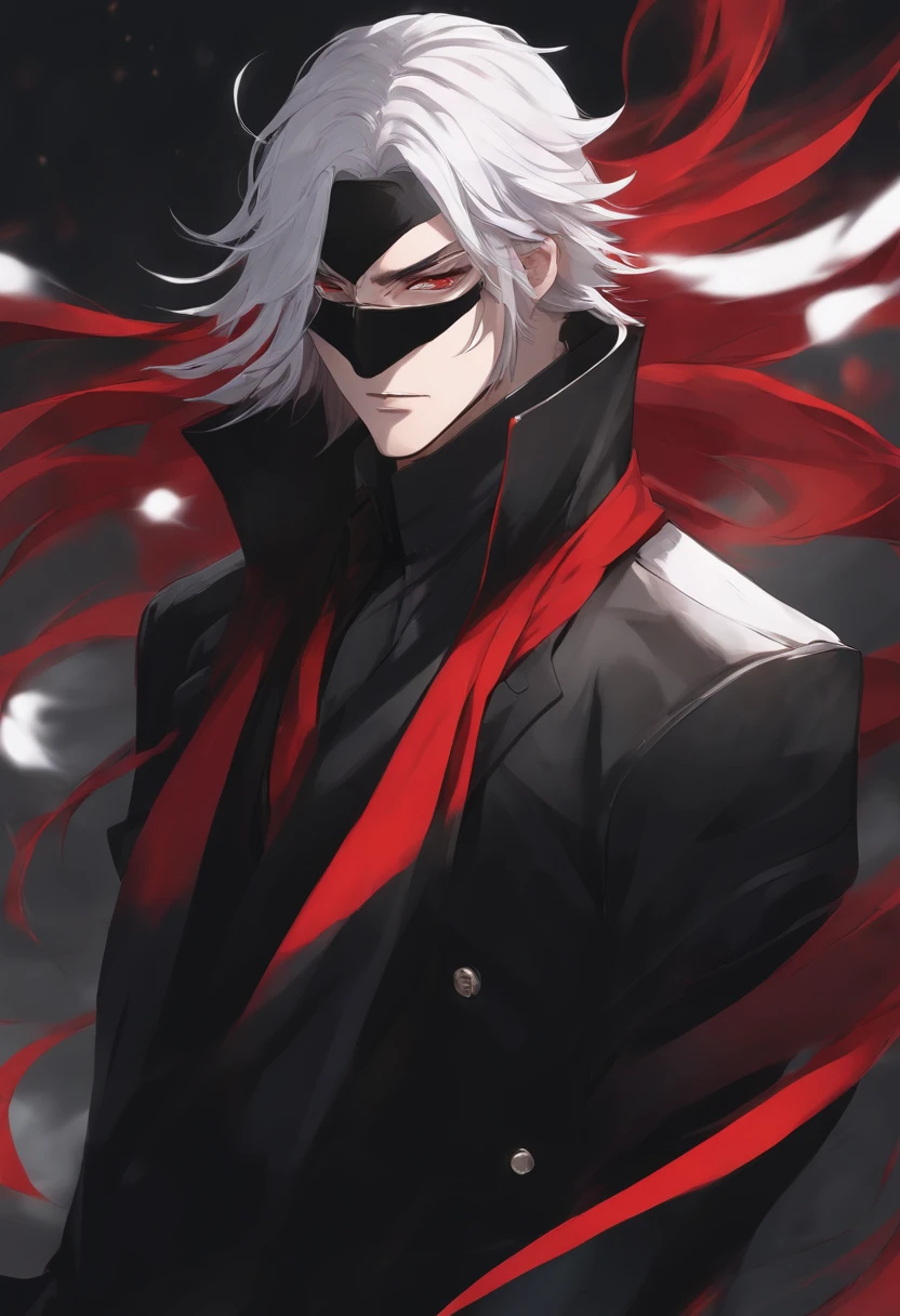 Man with a primary black long hair with some red streaks of hair wearing a black mask, red scarf and black jacket with a white shirt, anime