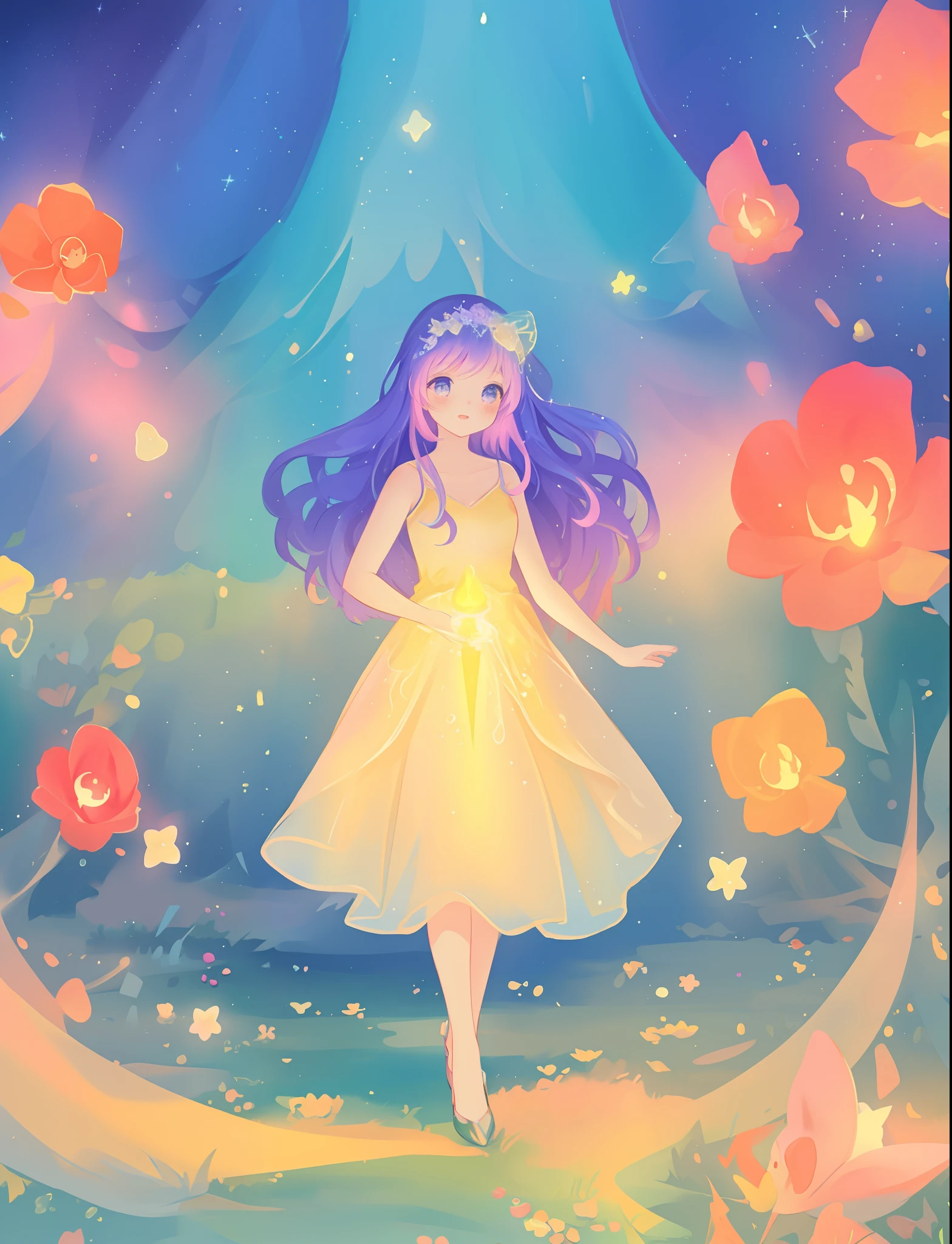 beautiful girl, puffy tiered ballgown, vibrant pastel colors, otherworldly landscape, (colorful), glowing golden long hair, magical lights, sparkling magical liquid, inspired by Glen Keane, inspired by Lois van Baarle, disney art style, by Lois van Baarle, glowing aura around her, by Glen Keane, jen bartel, glowing lights! digital painting, flowing glowing hair, glowing flowing hair, beautiful digital illustration, fantasia background, whimsical, magical, fantasy, ((beautiful face)), ((masterpiece, best quality)), intricate details, highly detailed, sharp focus, 8k resolution, sparkling detailed eyes, liquid watercolor