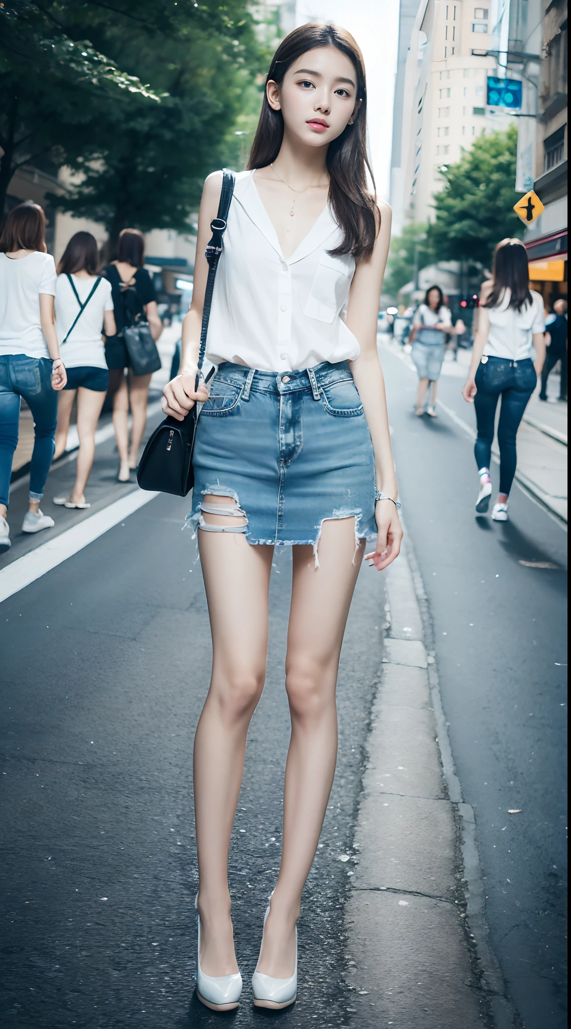 Ultra-clear resolution,top Quority,Wonderful young girl,ear studs,Clear eyes,plain face,Gloss on lips,s the perfect face,White skin,Perfect chest,Slender legs,Denim miniskirt,Random shoes,street