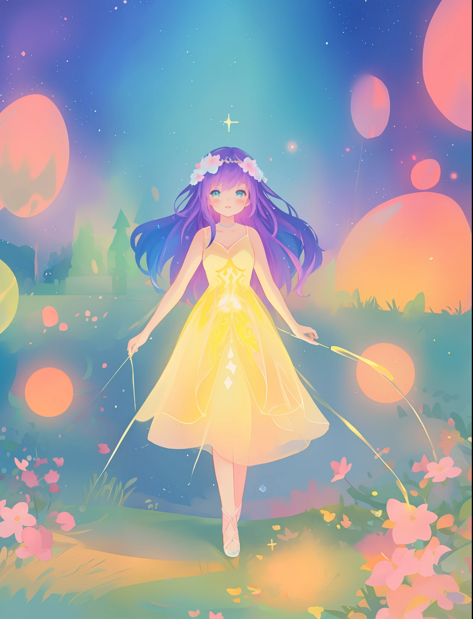 beautiful girl, puffy tiered ballgown, vibrant pastel colors, otherworldly landscape, (colorful), glowing golden long hair, magical lights, sparkling magical liquid, inspired by Glen Keane, inspired by Lois van Baarle, disney art style, by Lois van Baarle, glowing aura around her, by Glen Keane, jen bartel, glowing lights! digital painting, flowing glowing hair, glowing flowing hair, beautiful digital illustration, fantasia background, whimsical, magical, fantasy, ((beautiful face)), ((masterpiece, best quality)), intricate details, highly detailed, sharp focus, 8k resolution, sparkling detailed eyes, liquid watercolor