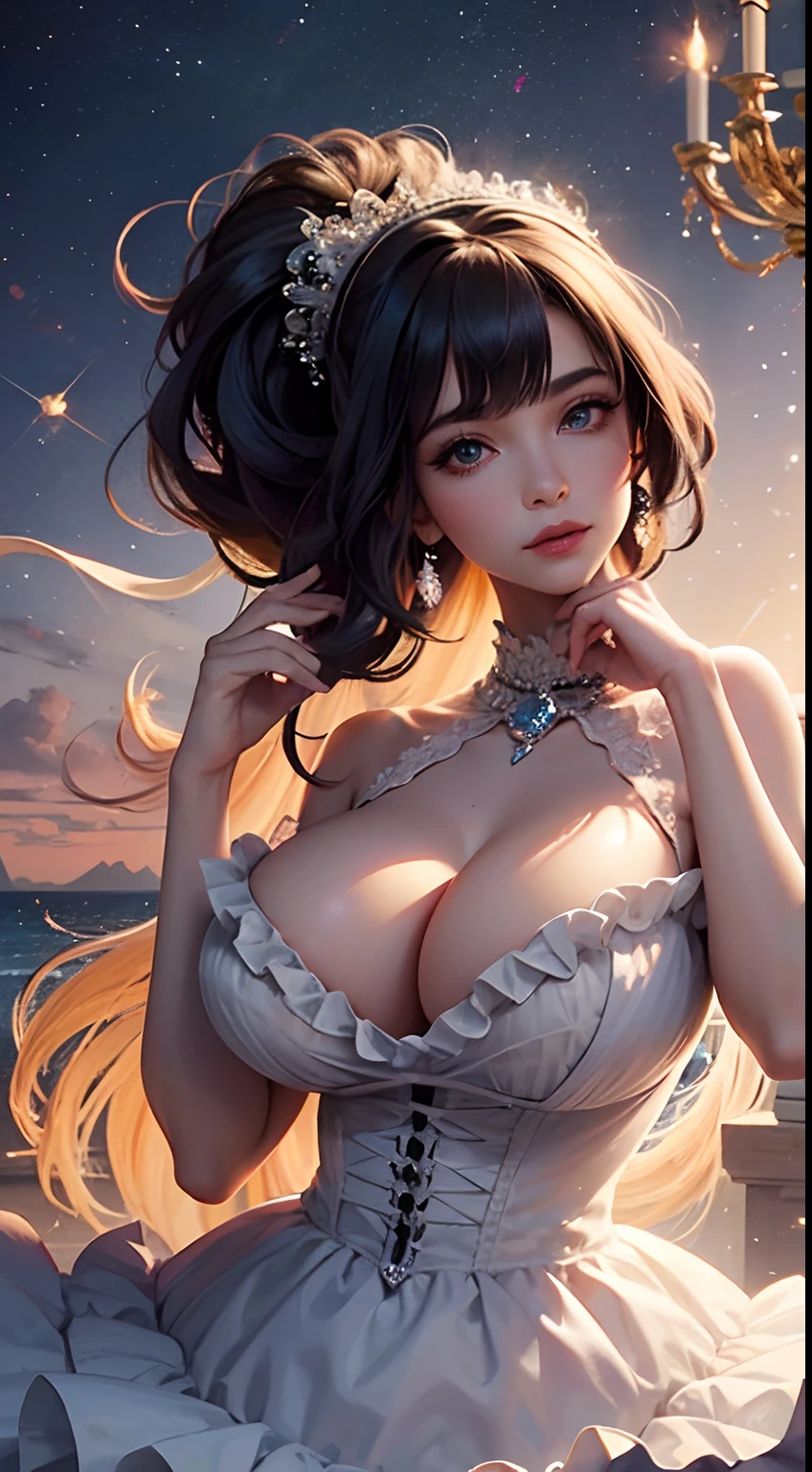 Dramatic composition, Court-style dress, royal, Gorgeous, Cascading frills, Ruffles, the bow, Crystal chandeliers, Roman curly hairstyle, Bonet, Tied into a double ponytail like a drill, Look at the camera, bangs, Maximalism, Palatial background, Delicate depiction of hair and eyes, Princess dress, Gorgeous dress, Flowers in hand, ssmile, Starry eyes, Cinematic light, Extreme detail, High definition, Happy girl, Very long hair, diamonds, Broken diamonds, Crystal fragments, Light particles，((huge tit，gigantic cleavage breasts))