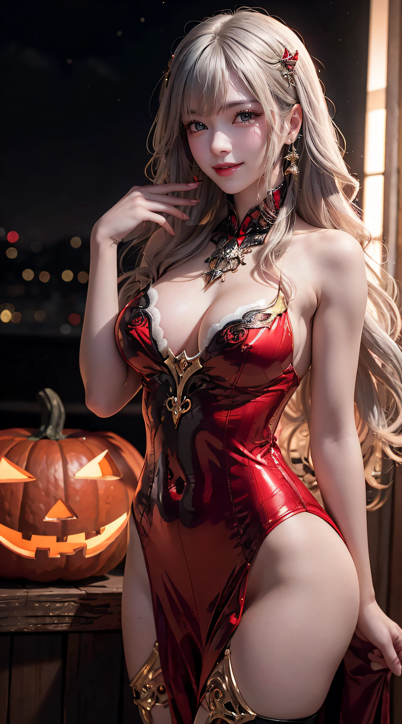 masterpiece, top-quality, top-quality, Beautifully Aesthetic:1.2, 1girl, Halloween night, Wearing a Black and Red with Gold devil costume, high detailed, ((Red eyes:1.8)), Standing with seductive pose that sticking out breasts, large breasts, firm breast, nicely shaped breasts, slender figure,
((Gray hair, Red colored inner hair)), wavy hair, (medium long hair:1.2), (asymmetrical bangs:1.2),
in the Halloween party venue at late night, (Cowboy shot:1.1),