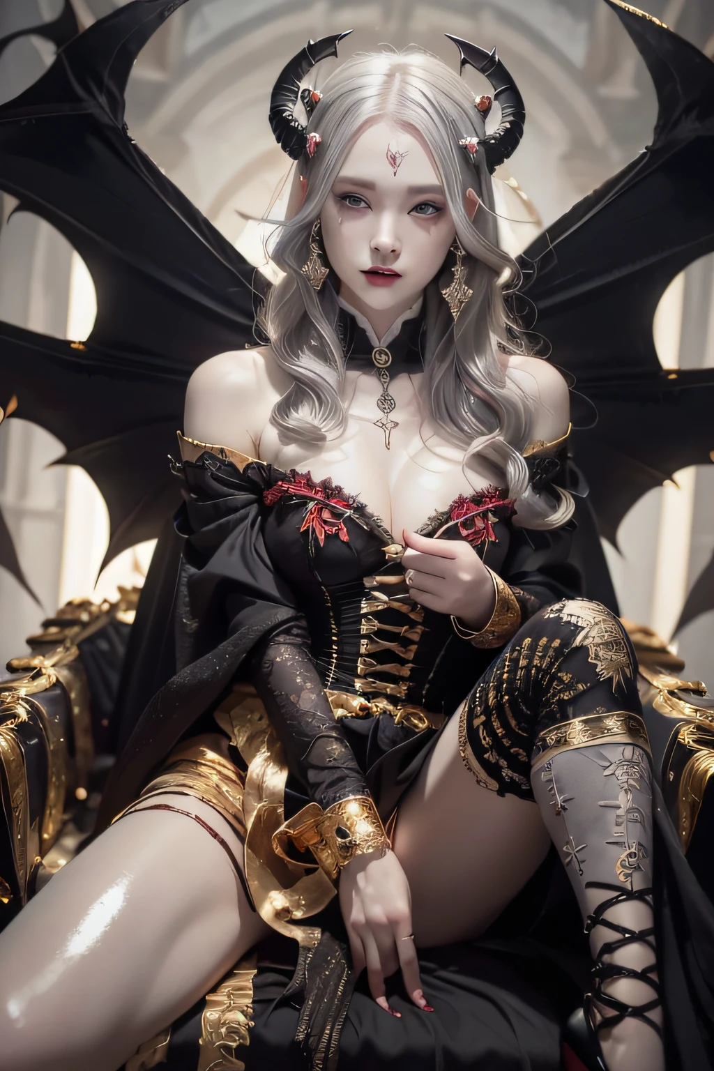 (masterpiece:1.3), high resolution, ultra detailed, extremely detailed CG unity 8k wallpaper, realistic, photo-realistic, RAW photo, (beautiful detailed face), pale skin, realistic skin, detailed cloth texture, detailed hair texture, Perfect body, Beautiful Face, accurate, Anatomically correct, Highly detailed face and skin texture, natural neck length, (beautiful hands), (fair skin:1.2), Thin legs, Thin feet, (((dim lighting:1.3))), silver laser, 
BREAK, 
Detailed eyes, symmetrical eyes, Brown eyes, Double eyelids, Thin eyebrows, ((Dracula makeup:1.3)), (Glossy lips:1.4), ((Gentle smile:1.2)), 
BREAK, 
(A Devil girl), ((wearing a Black and Gold with Red Devil costume:1.3)), (Black pin heels:1.1), (Devil horns on the head:1.2), (huge black bats wings on the back:1.2),
(large breasts:1.2), (firm breast, nicely shaped breasts, slender figure:1.1), 
((Gray hair:1.5)), (wavy hair), ((short hair:1.2)), ((asymmetrical bangs:1.2)), 
BREAK, 
(Sitting on the Luxury chair with one legs up:1.2), ((view of A dim ruins decorated for Halloween:1.3)), (From below:1.2), 
(((Upper body shot:1.2))), (looking at viewer:1.2),