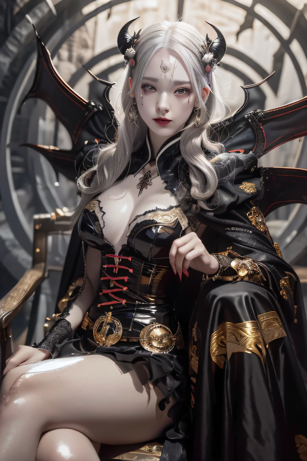 (masterpiece:1.3), high resolution, ultra detailed, extremely detailed CG unity 8k wallpaper, realistic, photo-realistic, RAW photo, (beautiful detailed face), pale skin, realistic skin, detailed cloth texture, detailed hair texture, Perfect body, Beautiful Face, accurate, Anatomically correct, Highly detailed face and skin texture, natural neck length, (beautiful hands), (fair skin:1.2), Thin legs, Thin feet, (((dim lighting:1.3))), silver laser,
BREAK,
Detailed eyes, symmetrical eyes, Brown eyes, Double eyelids, Thin eyebrows, ((Dracula makeup:1.3)), (Glossy lips:1.4), ((Gentle smile:1.2)),
BREAK,
(A Devil girl), ((wearing a Black and Gold with Red Devil costume:1.3)), (Black pin heels:1.1), (Devil horns on the head:1.2), (huge black bats wings on the back:1.2),
(large breasts:1.2), (firm breast, nicely shaped breasts, slender figure:1.1),
((Gray hair:1.5)), (wavy hair), ((short hair:1.2)), ((asymmetrical bangs:1.2)),
BREAK,
(Sitting on the Luxury chair with one legs up:1.2), ((view of A dim ruins decorated for Halloween:1.3)), (From below:1.2),
(((Upper body shot:1.2))), (looking at viewer:1.2),