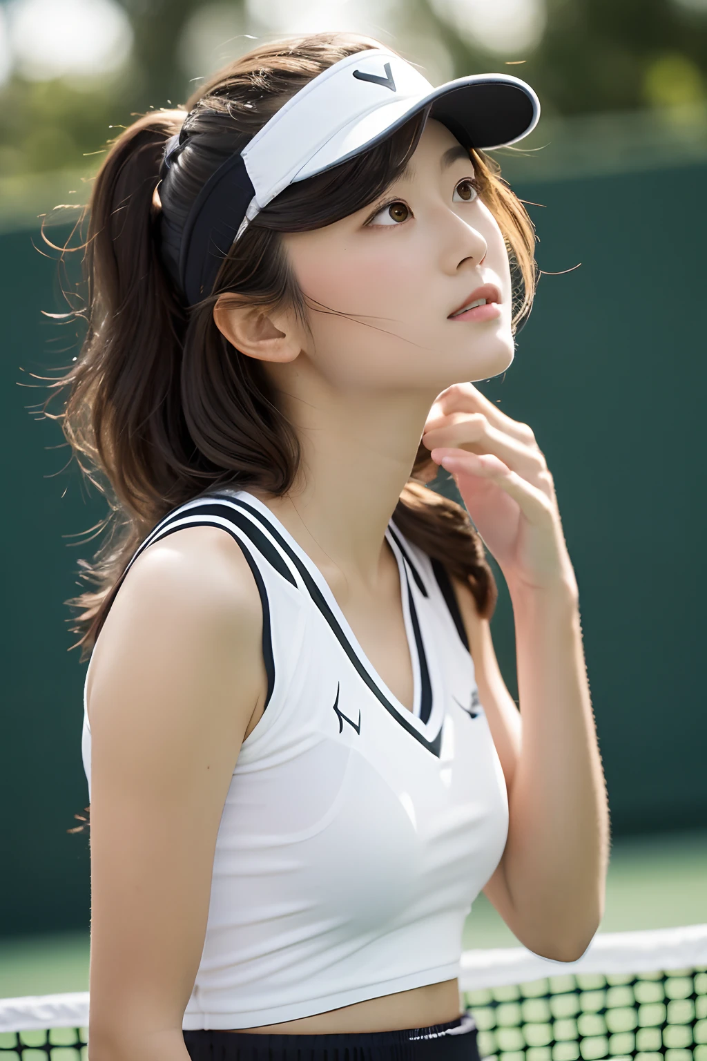 Best Quality, mastery, Tennis court background, Detailed hair, high resolucion, (((yunyun))) , Tennis cap, (beautifull face), Tennis skirt, looking up at viewer, Classy Westerners, Standing, （upper knees），Female tennis players, graceful, Luxurious