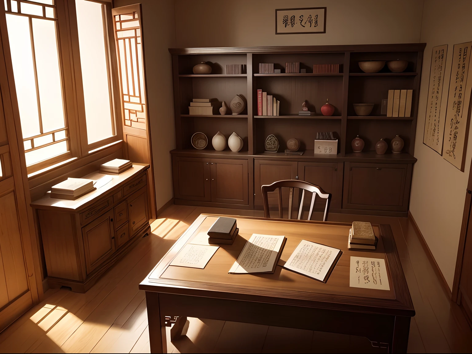 In an ancient Chinese study room, there are ancient bookshelves, brushes, ink stands, and paper on the desk.