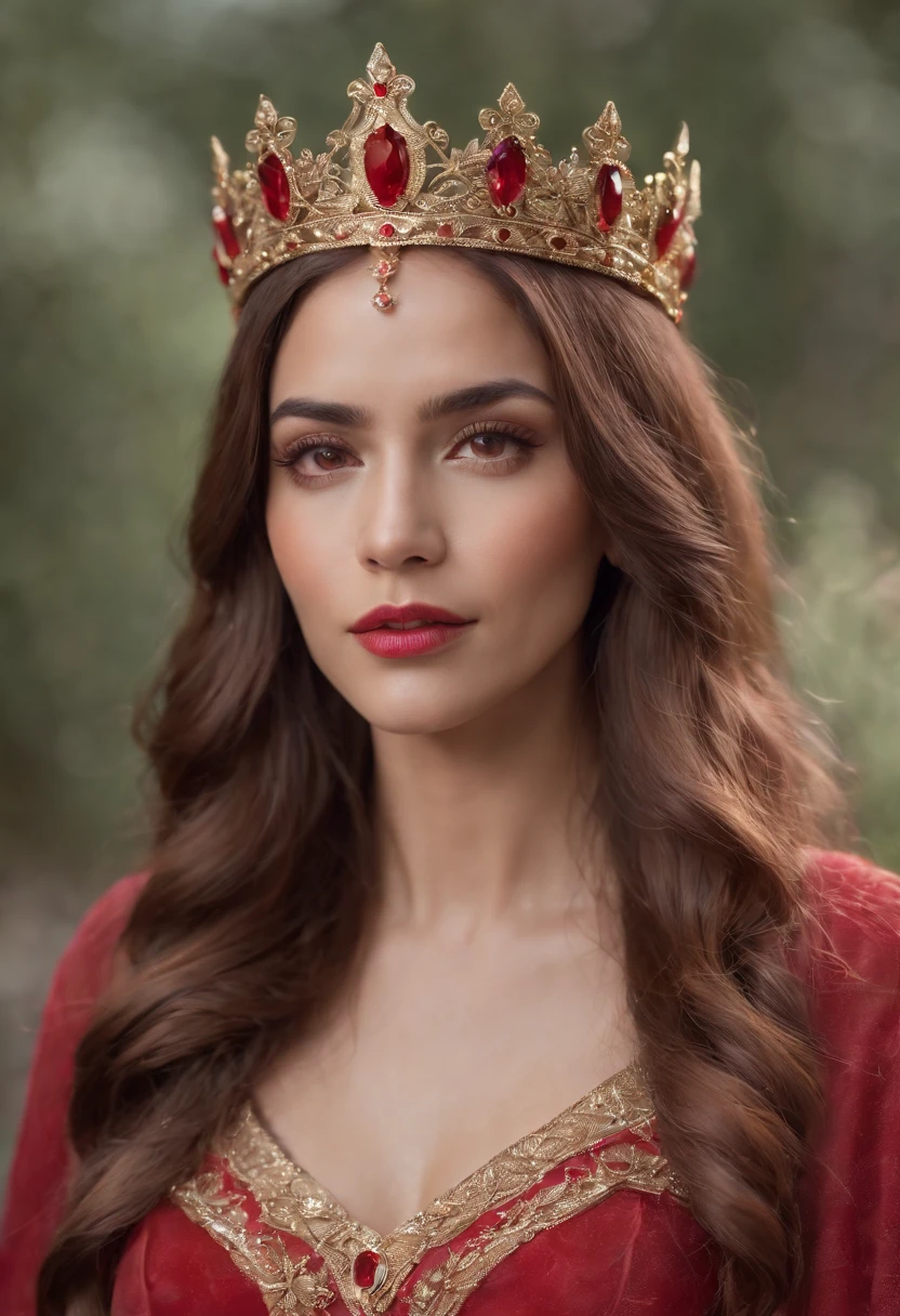 Hispanic Woman with long brown hair with fantasy red highlights, red powers, red and brown eyes, golden crown with red stones, wearing a red gown