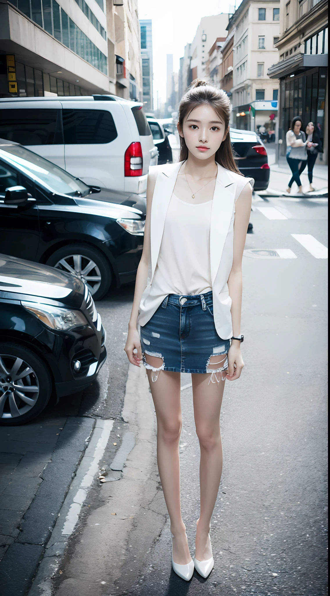 Ultra-clear resolution,top Quority,Wonderful young girl,ear studs,Clear eyes,plain face,Gloss on lips,s the perfect face,White skin,Perfect chest,Slender legs,Denim miniskirt,Random shoes,street