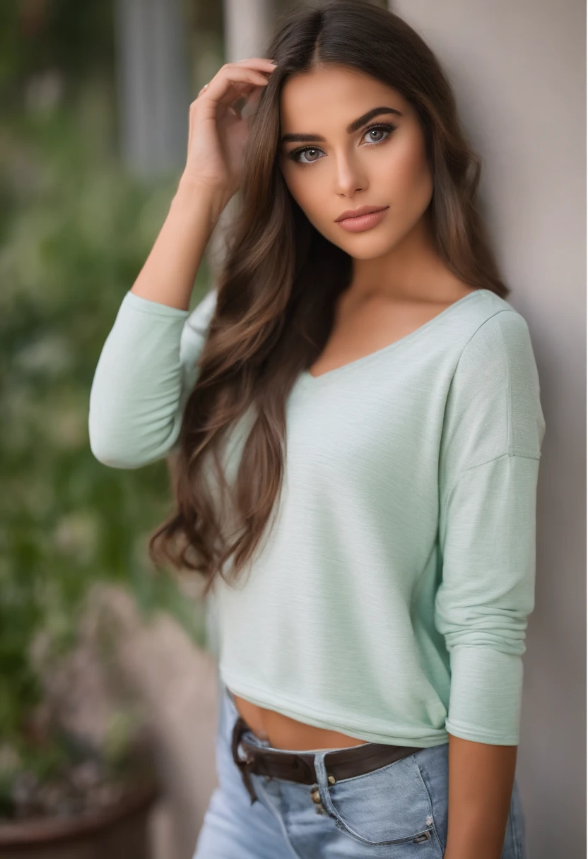 Arafed Mujer con una camiseta blanca sin mangas y un collar, Chica sexy con ojos verdes, Retrato Sophie Mudd, brown hair and large eyes, selfie de una mujer joven, Ojos del dormitorio, Violeta Myers, sin maquillaje, Maquillaje natural, staring directly into camera, cara con artgram, maquillaje sutil, Impresionante foto de cuerpo completo, penetrantes ojos verdes, beautiful angle, Pose atractiva, Cute little girl, pose sexy, Imagen de cuerpo entero, cuerpo completo, full body shoot, Diosa morena, High detail, Pose satisfecha, con falda y botas grises, falda, Botas