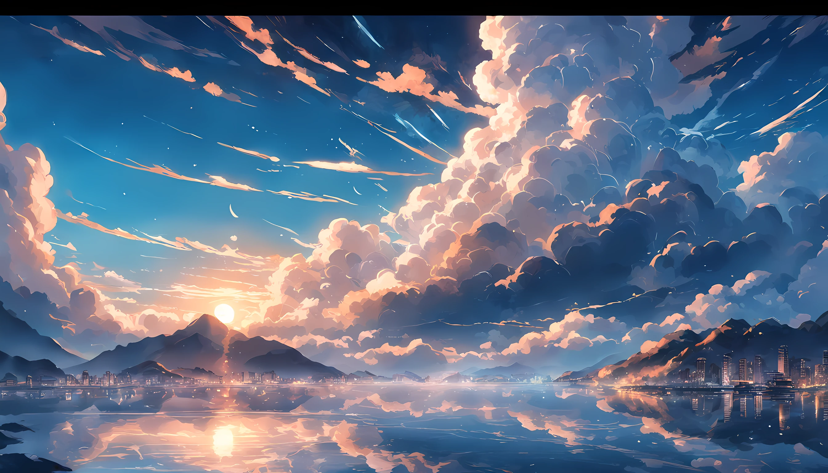 "surrounded by cloud,Beautiful and smooth graphics,Carefully depicted landscape,Light clouds float on the water,It's like a fairyland。Hazy light penetrates the clouds,Reflect stunning light and shadow effects。There is a sea of clouds in the picture,The looming view is mesmerizing。"