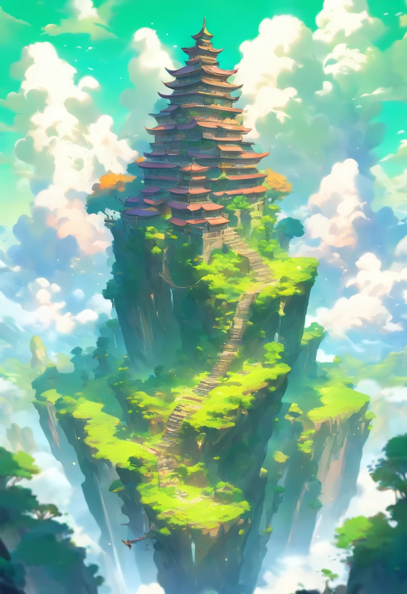 A floating land Castle in the Sky Books White closed book, league of legends: ancient subject for digital art, in the style of textured illustrations, digital painting, energy - filled illustrations, 2d game art, mastery of brushwork, emphasis on design element, glowing colors, detailed drawing, HDR Green Tea Mountain Flat Avant-garde graphic design