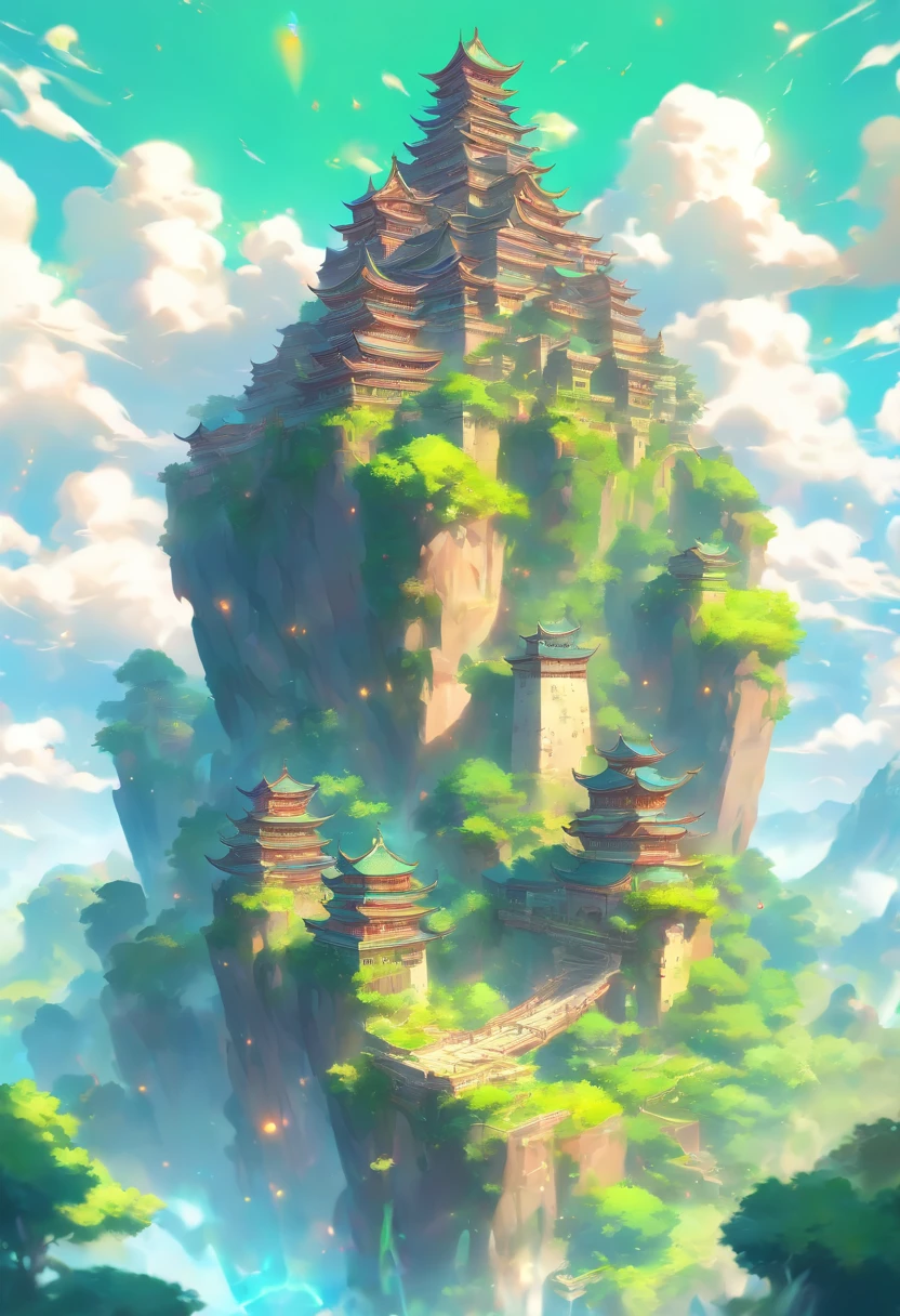 A floating land Castle in the Sky Books White closed book, league of legends: ancient subject for digital art, in the style of textured illustrations, digital painting, energy - filled illustrations, 2d game art, mastery of brushwork, emphasis on design element, glowing colors, detailed drawing, HDR Green Tea Mountain Flat Avant-garde graphic design