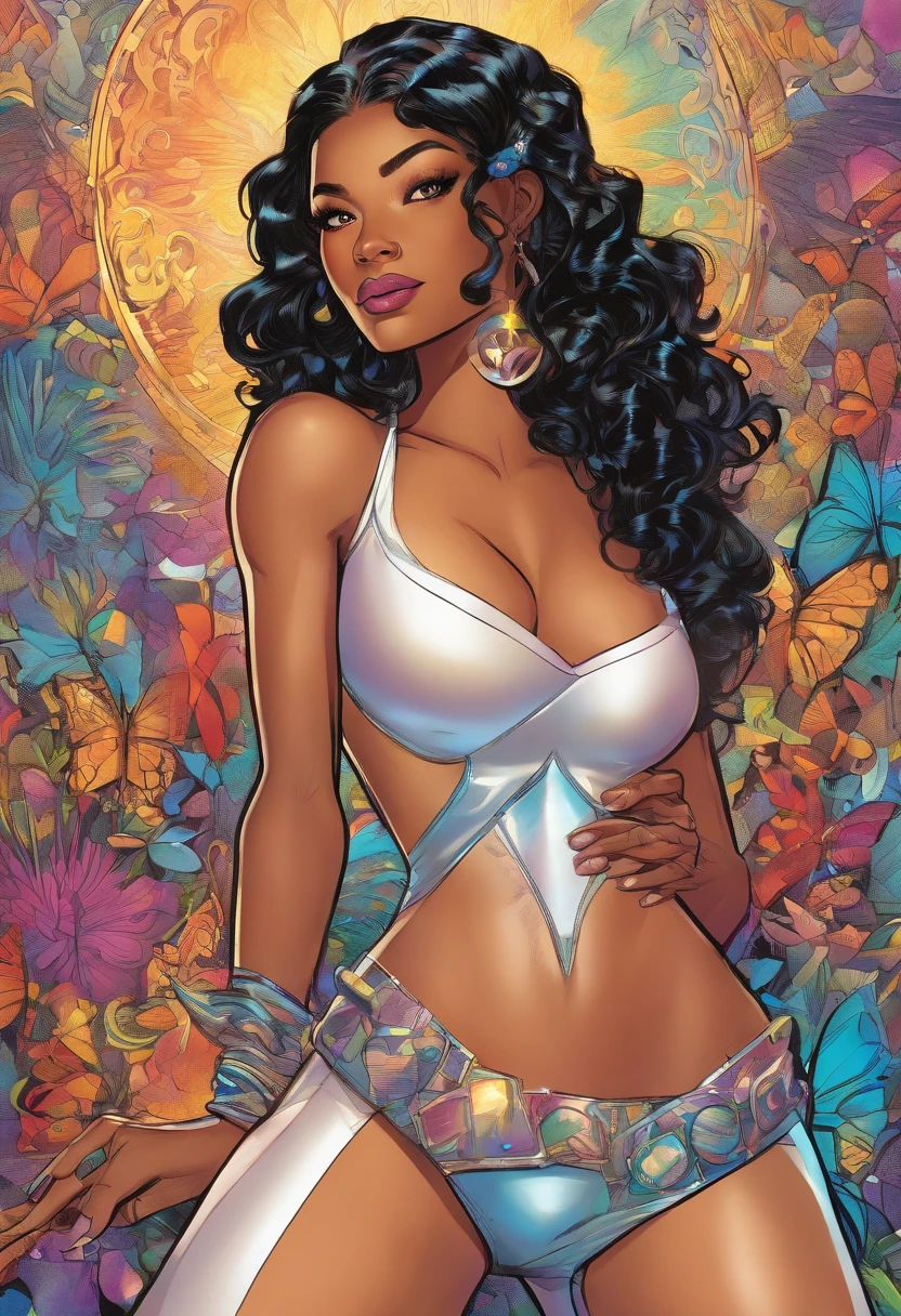 American comics, skin color lighten than Zendaya, African American woman, with long curly black hair,and an iridescent white streak in the front, With an iridescent Diamond embedded in forehead. Wearing long black high heeled boots, with a black and white bralette, spandex pants, high heel thigh high boots, white gem on forehead, generating multicolored iridescent energy,