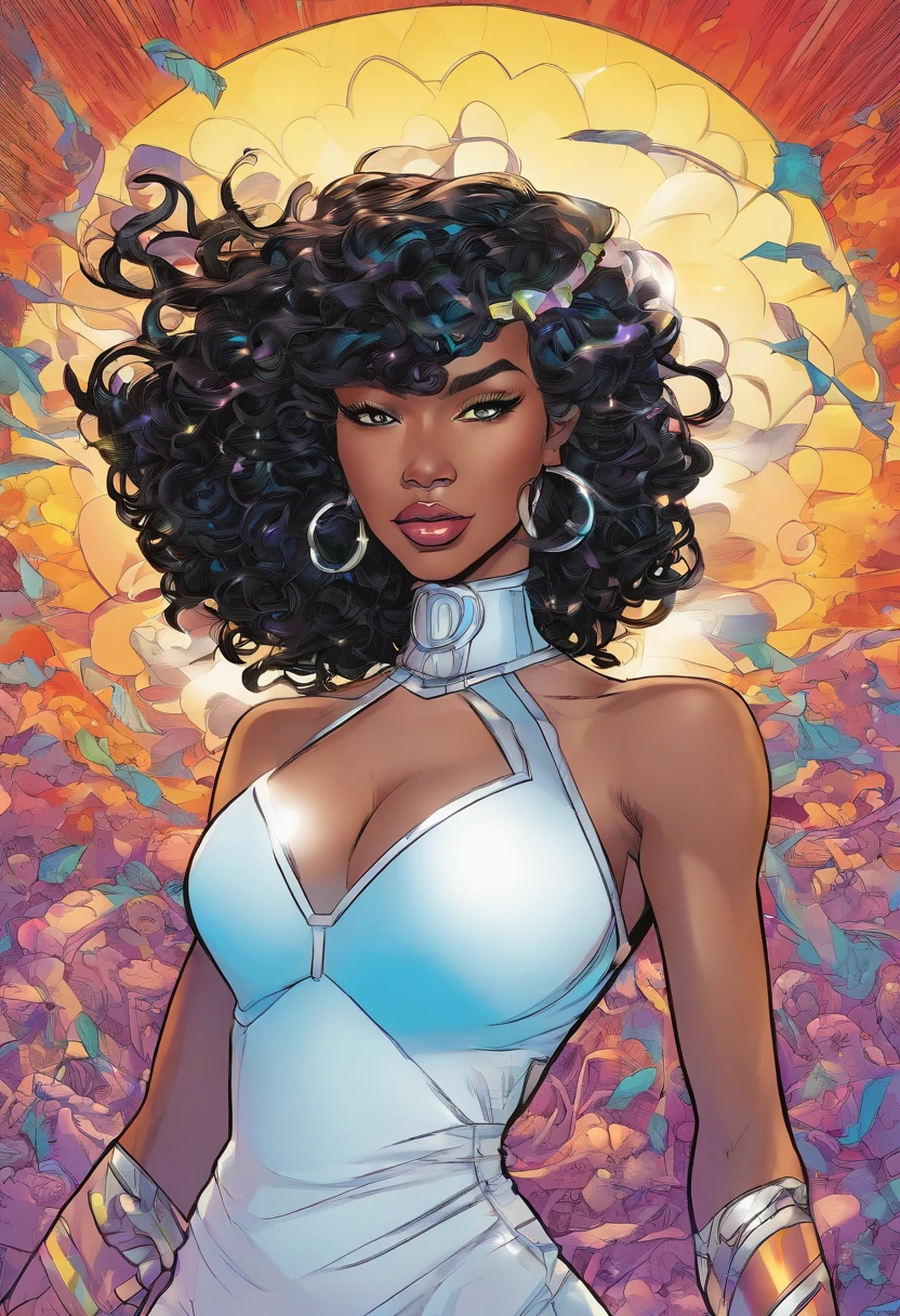 American comics, skin color lighten than Zendaya, African American woman, with long curly black hair,and an iridescent white streak in the front, With an iridescent Diamond embedded in forehead. Wearing long black high heeled boots, with a black and white bralette, spandex pants, high heel thigh high boots, white gem on forehead, generating multicolored iridescent energy,