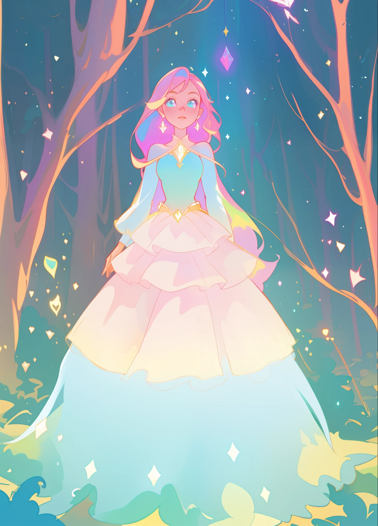 beautiful girl, puffy tiered layered ballgown, magical forest, vibrant pastel colors, (colorful), glowing golden long hair, magical lights, sparkling magical liquid, inspired by Glen Keane, inspired by Lois van Baarle, disney art style, by Lois van Baarle, glowing aura around her, by Glen Keane, jen bartel, glowing lights! digital painting, flowing glowing hair, glowing flowing hair, beautiful digital illustration, fantasia background, whimsical, magical, fantasy, ((beautiful face)), ((masterpiece, best quality)), intricate details, highly detailed, sharp focus, 8k resolution, sparkling detailed eyes, liquid watercolor
