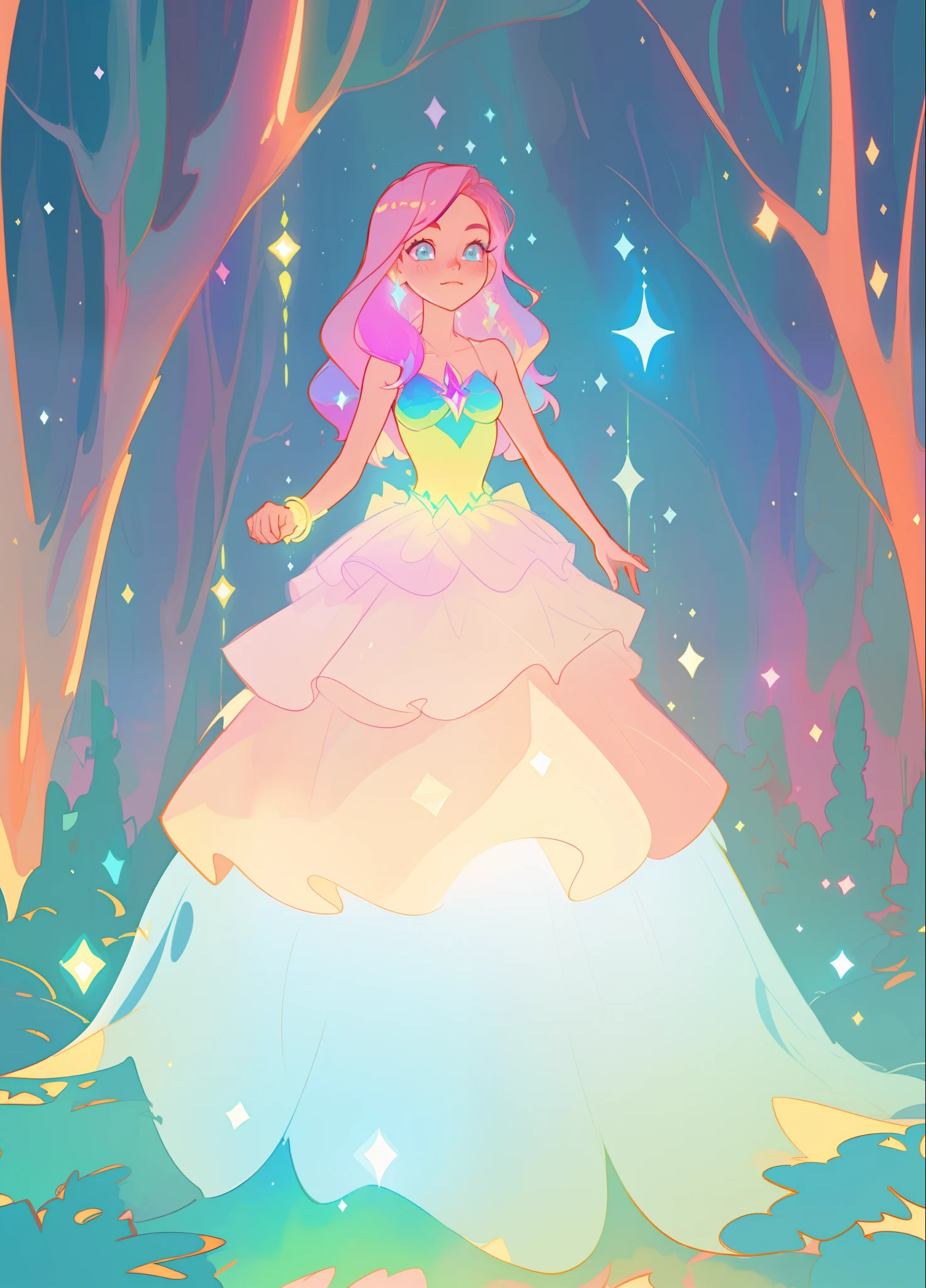 beautiful girl, puffy tiered layered ballgown, magical forest, vibrant pastel colors, (colorful), glowing golden long hair, magical lights, sparkling magical liquid, inspired by Glen Keane, inspired by Lois van Baarle, disney art style, by Lois van Baarle, glowing aura around her, by Glen Keane, jen bartel, glowing lights! digital painting, flowing glowing hair, glowing flowing hair, beautiful digital illustration, fantasia background, whimsical, magical, fantasy, ((beautiful face)), ((masterpiece, best quality)), intricate details, highly detailed, sharp focus, 8k resolution, sparkling detailed eyes, liquid watercolor