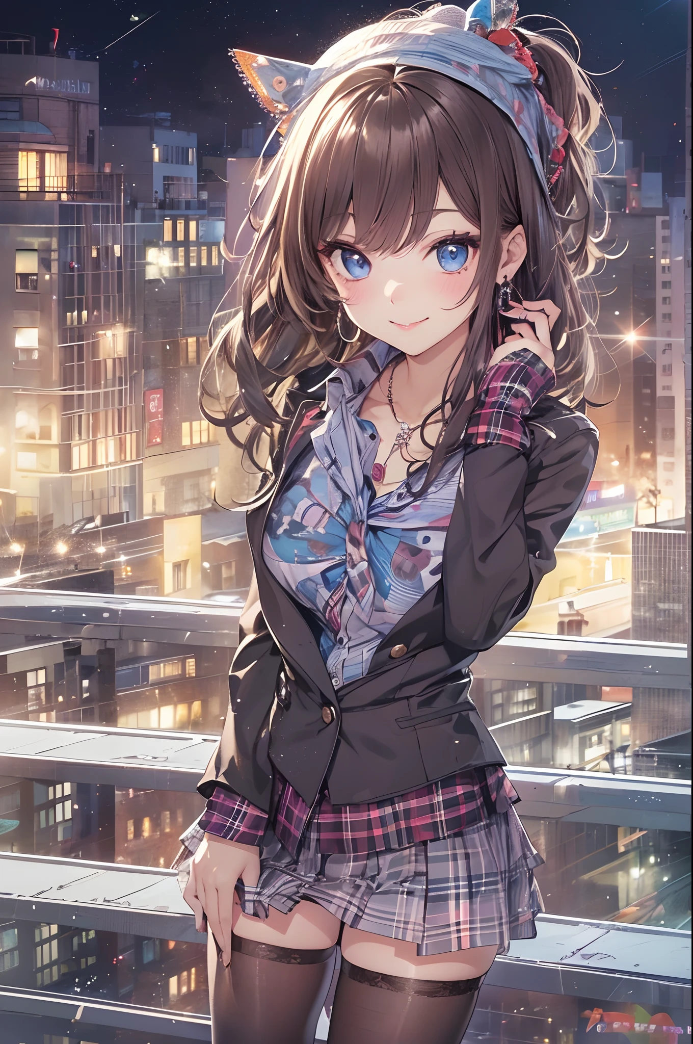(masutepiece: 1.3), (max resolution: 1.2), (Ultra HDTV: 1.2), cinema lite, Ultra HDTV, (Detailed eyes and skin), (detailed facial features), ultgp, 8K resolution, Sharp Focus: 1.2, Perfect Style, Beautiful Face, accurate, Anatomically correct, Highly detailed face and skin texture, Detailed eyes, Dark-blue eyes, Double eyelids, Thin eyebrows, dropping eyes, (Glitter Eyeliner:1.2), Natural cheeks, Glossy skin, (Fair skin:1.2), shiny necklace and earrings, (Glossy lips: 1.4), break, absurderes, One-person viewpoint, (she is high school Student), (Wearing a Button up shirt, blazer, Pleated mini skirt), ((navel)), (shy smile:1.2), ((Innocent and very cute girl:1.3)), (Layered hairstyle, Wavy Hair), (Dark brown hair:1.2), Medium Long Hair, (Full body shot: 1.2), Focus on Face, medium large breasts, ((seduction pose on Instagram:1.2)), ((In the School Rooftop at night)),