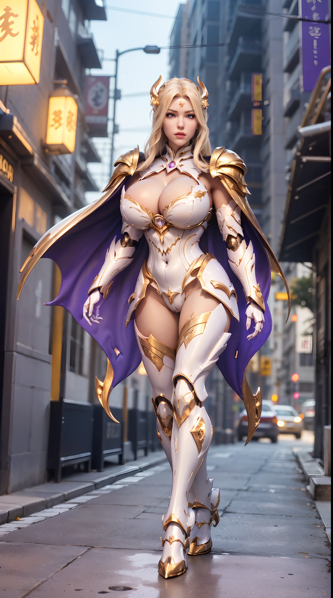1GIRL, SOLO,(blond hair ponytail, Dragon helmet), (HUGE FAKE BOOBS:1.3), (white, Purple, gold, FUTURISTIC DRAGON MECHA ARMOR SUIT, ROYAL CAPE, CLEAVAGE:1.5), (SKINTIGHT YOGA PANTS, HIGH HEELS:1.2), (NSFW GLAMOROUS BODY, SEXY LONG LEGS, FULL BODY:1.3), (FROM FRONT, LOOKING AT VIEWER:1), (WALKING DOWN ON STREET NIGHT CITY:1.3), PHYSICALLY-BASED RENDERING, ULTRA HIGHT DEFINITION, 8K, 1080P.