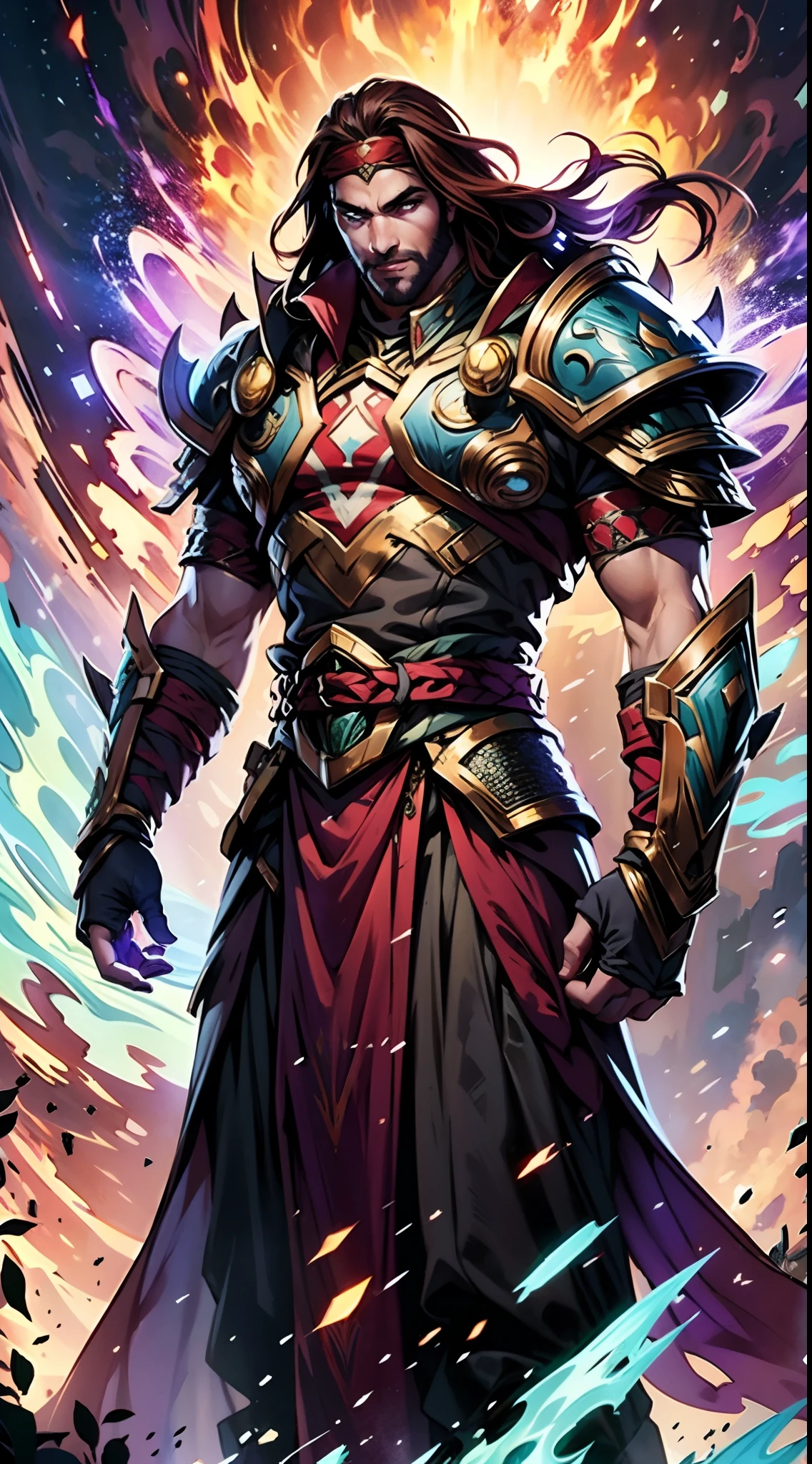 A man with long reddish-brown hair, wearing a red headband, an Eastern European face, deep and confident eyes, a confident smile, a red elongated totem mark on his face, a tall and strong physique, he wears a fantasy-style overlord attire, a blue-gold thick breastplate, a black tight-fitting undershirt, a massive cloak with heavy metal decorations, that cloak covers most of his body, thick red and blue heavy gauntlets, a metal belt with a thick long skirt-like hem, black pants, metal leg guards that match the gauntlets, he steps on the space with an awe-inspiring presence, red and blue and green energy surrounds him, red and blue and green Power surrounds him, white frost swirls around him, blue ice around him, red fire around him, purple Lightning around him, this character embodies a finely crafted fantasy-style overlord in anime style, characterized by an exquisite and mature manga illustration art style, high definition, best quality, highres, ultra-detailed, ultra-fine painting, extremely delicate, professional, anatomically correct, symmetrical face, extremely detailed eyes and face, high quality eyes, creativity, RAW photo, UHD, 8k, Natural light, cinematic lighting, masterpiece:1.5