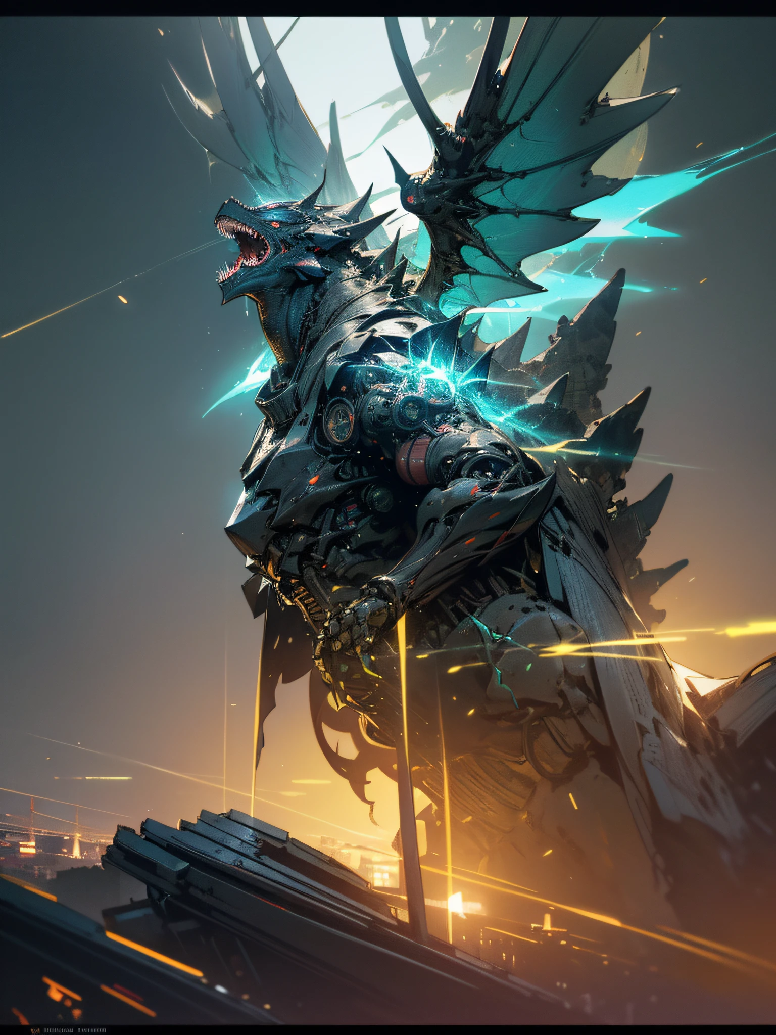 Godzilla with neon luminous blue lines on his body and eyes glowing blue, fighting with a Phantom model robot, robot with ethereal wings, in the ocean, city with destroyed buildings, disaster scene, {extremely detailed 8k CG unit wallpaper }, expansive landscape photography, (an overhead view with focus on the character and setting), (wide open field view), (centered angle shot), (high light: 1.5), (low light: 1.1), (warm light source: 1.4), complex details, (iridescent colors: 1.2), (bright lighting), (atmospheric lighting), dreamy, magical, surreal