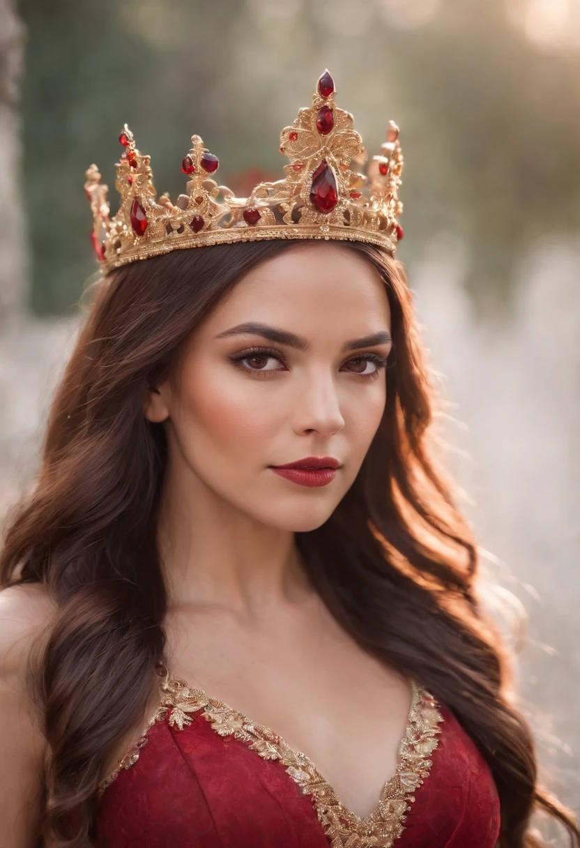 Latina Woman with long dark brown hair with fantasy red highlights, red fire powers, red and brown eyes, golden crown with red stones, wearing a red gown