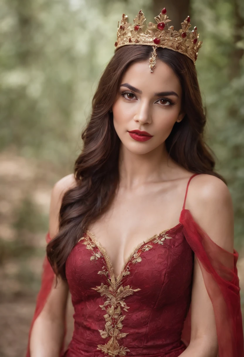 Latina Woman with long dark brown hair with fantasy red highlights, red fire powers, red and brown eyes, golden crown with red stones, wearing a red gown