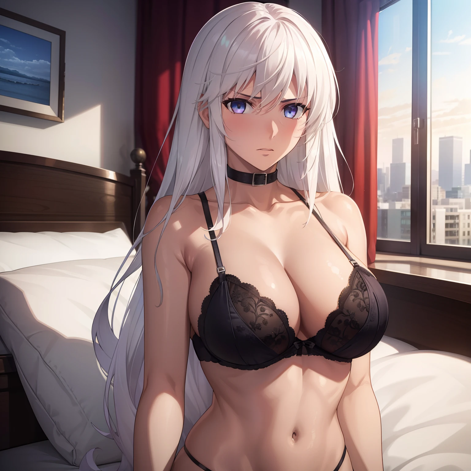 1girl,big breasts,hotel room,bed,(8k),
,detailed face,white hair,lavender eyes,long hair,embarassed,shy,high_res, high_definition,battlefield,sexy pose,black sexy lingerie,