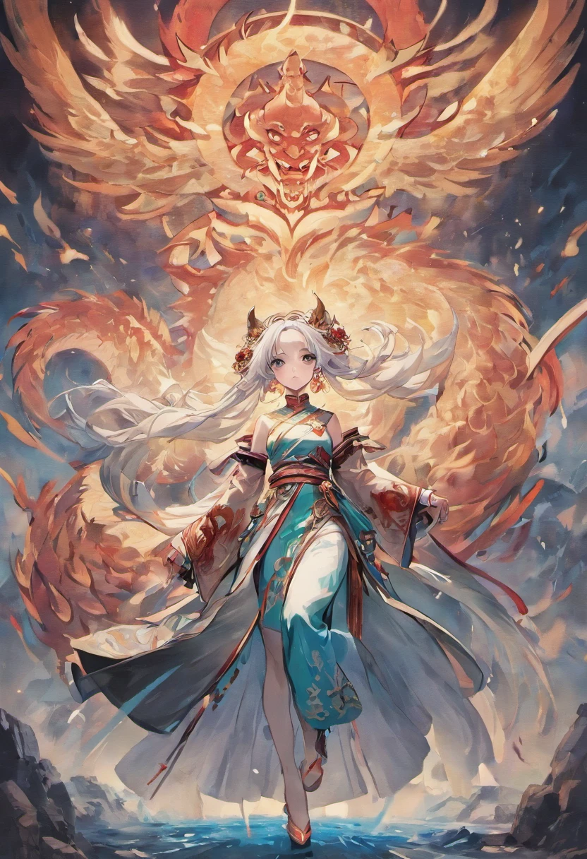 ，（ultraclear），（best qualtiy）CG artists' work depicts legends
Chinese Aries mythology. This is one of them
Huge cow body and white hair, The details are full of the artist's
Creativity and imagination.There are mythical dragon horns， Painting style
Use Chinese ink painting techniques,
And the one in the painting seems to fly in
Air in ink landscape painting. The work is
Full of traditional charm and mystery
Chinese culture, Make people feel like they are
In the world of myths and legends, --AR 3:4 --V 5