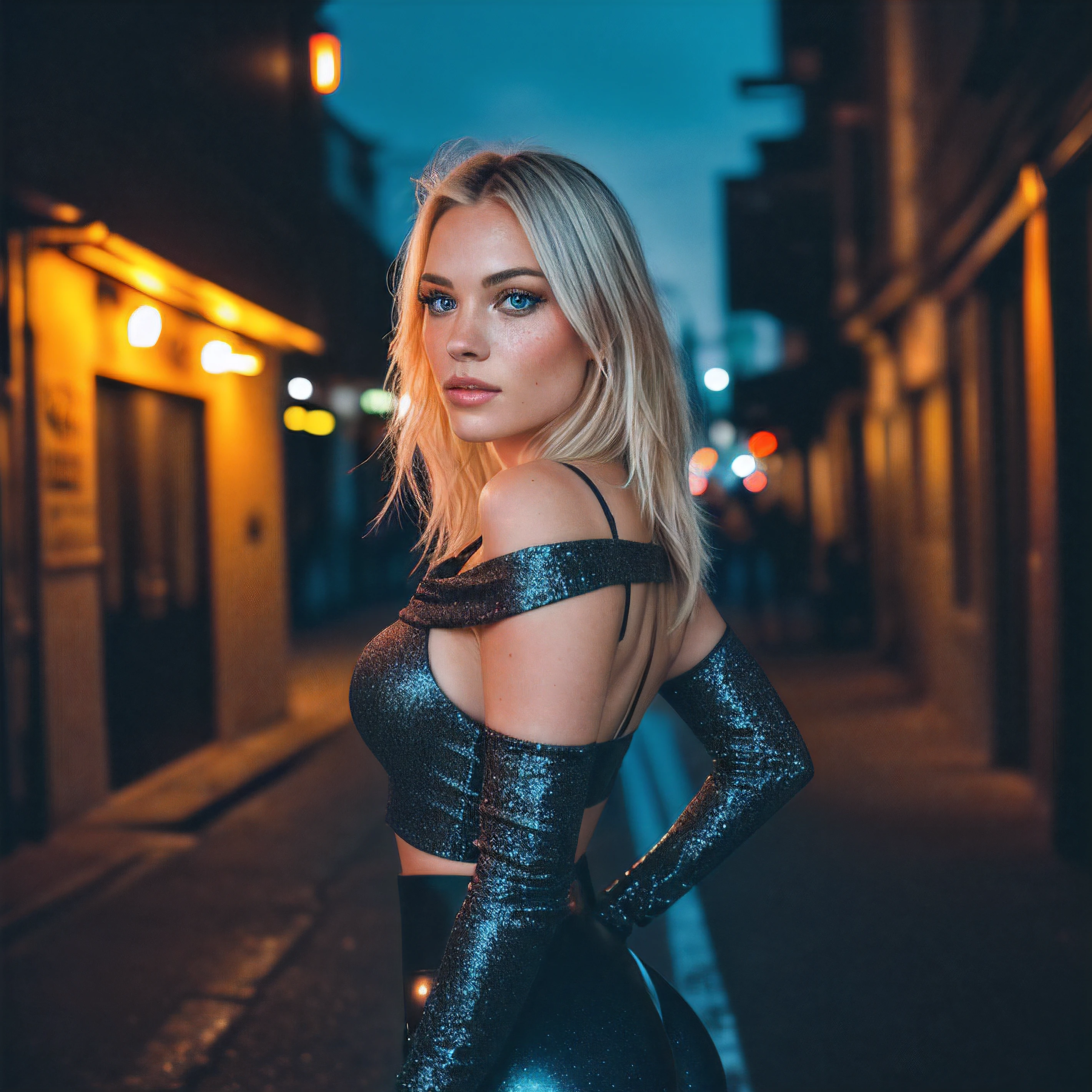 blonde skinny posing  shows her ass,in a dark street in Prague,full_shot,full_body,(((raw photo))),(8k:1.1),tank top,(night shoot),mysterious,dark street,Prague,night,((dark night)),
((masterpiece)),((realistic)),perfect eyes,detailed human skin texture,detailed human face,realistic face,details,realistic hair,details,skin texture,light reflections,depth of field,
light from street lights,seductive light,(((backlight))),light reflected from shiny surfaces,urban atmosphere,realistic shadows,bokeh,extremely detailed background,glare,surreal,
analog photo,photorealism,realistic,8k,natural lighting,(((realistic details))),dramatic lighting,(backlight),professional photography,cinema,Super resolution,16k,uhd,neon light,
portrait lighting,extremely detailed background,glare,surreal,cinema,Super-res,(16k),Fujifilm XT3,