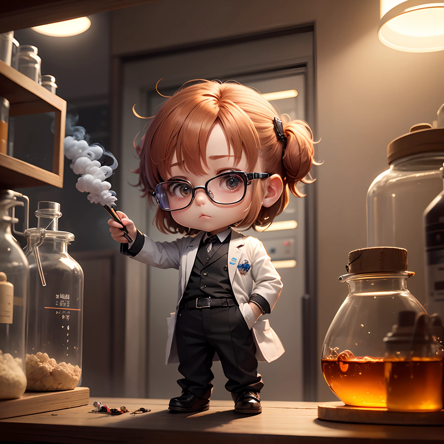 masterpiece、top-quality、ultra-detailliert、(Chibi Chara Scientist:1.2)、Old Man Solo、laboratory、Labware、Suspicious smoke、Standing