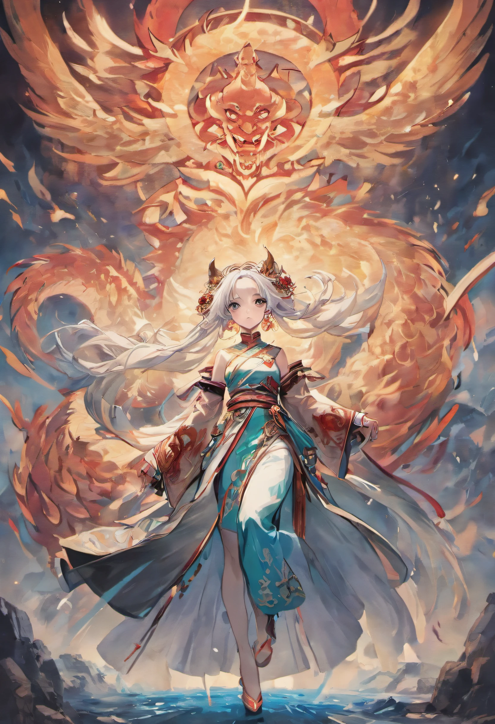 ,(ultraclear),(best qualtiy)CG artists' work depicts legends
Chinese Aries mythology. This is one of them
Huge cow body and white hair, The details are full of the artist's
Creativity and imagination.There are mythical dragon horns, Painting style
Use Chinese ink painting techniques,
And the one in the painting seems to fly in
Air in ink landscape painting. The work is
Full of traditional charm and mystery
Chinese culture, Make people feel like they are
In the world of myths and legends, --AR 3:4 --V 5