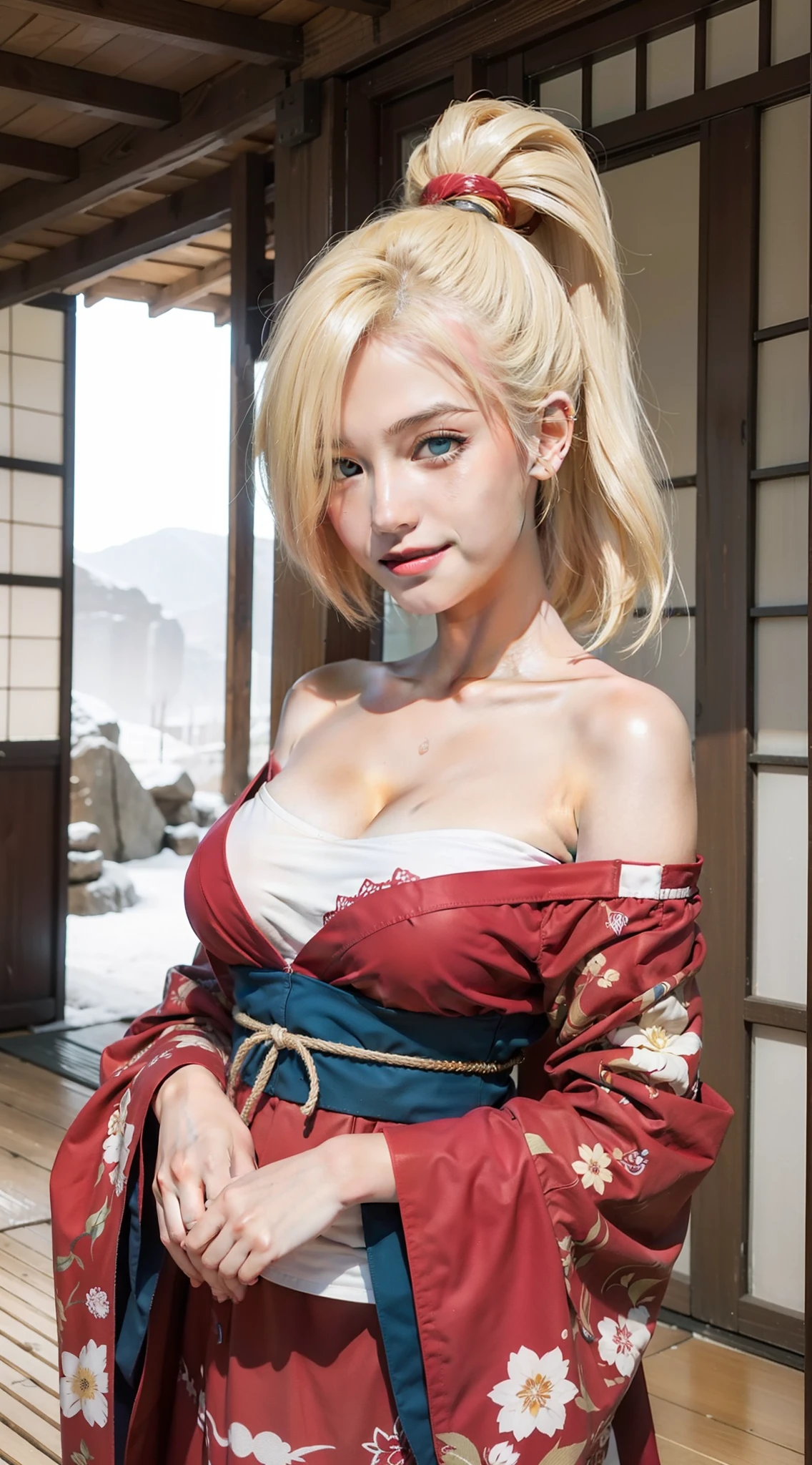 1girl, Ino yamanaka in anime naruto, short hair, yellow hair, blue eyes, smile, beautiful, sexy dress, sexy clothes, white and red clothes, very big breast, realistic clothes, detail clothes, outdoor background, ultra detail, realistic