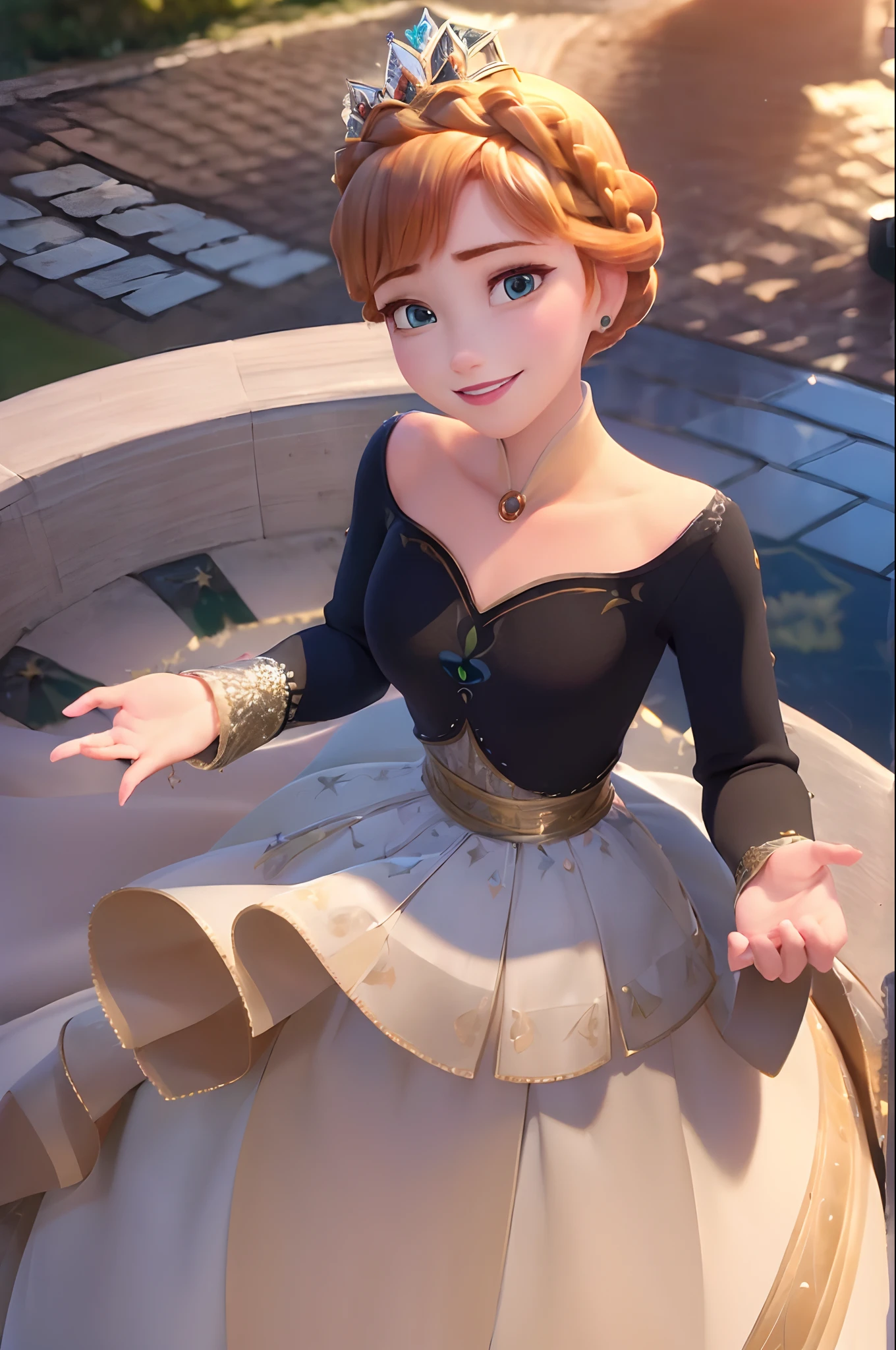 (masterpiece:1.4), (best qualit:1.4), (high resolution:1.4),
anna of arendelle, queen dress, tiara, updo,
outdoors,
looking at viewer, smile,
