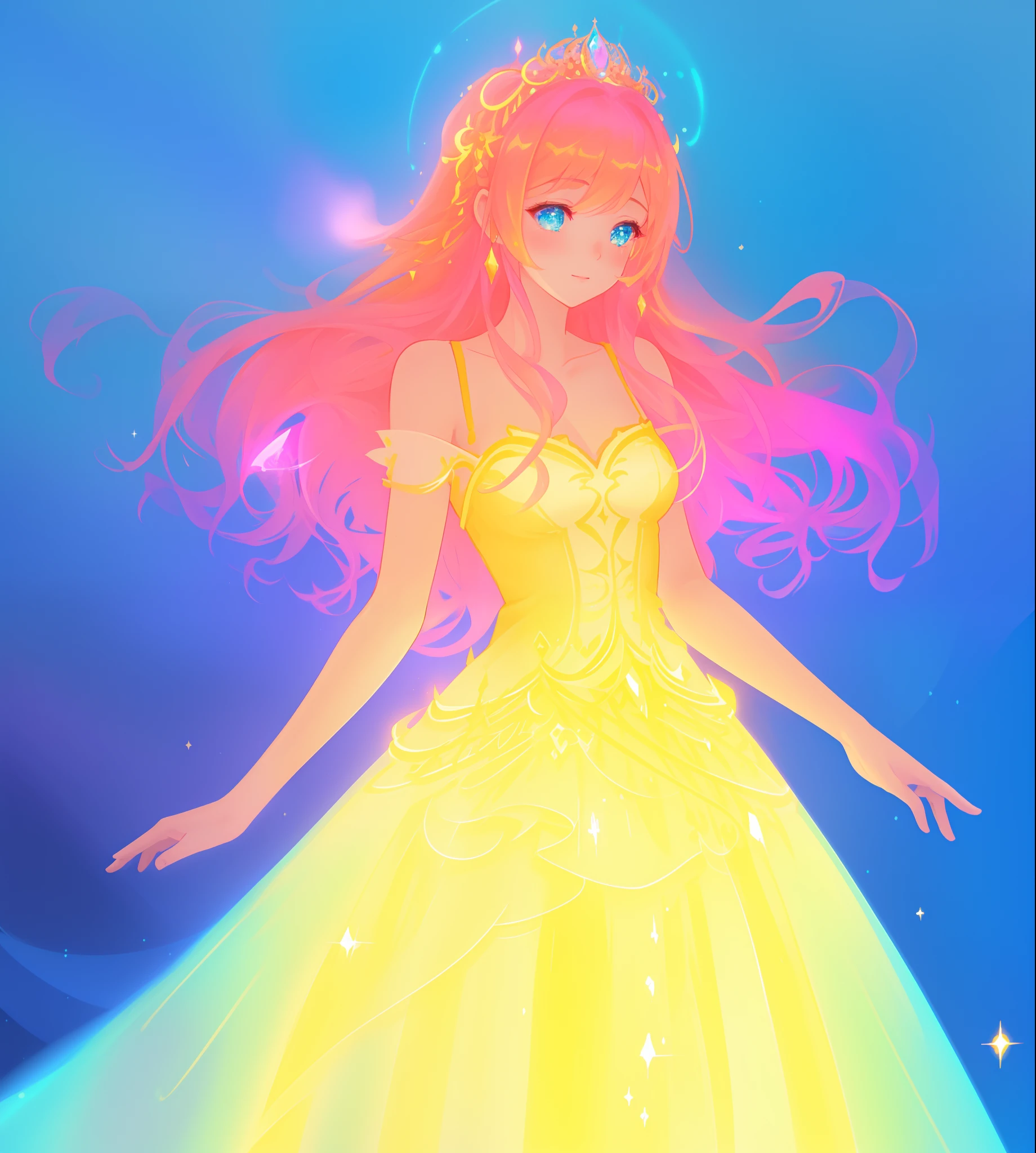 beautiful girl, puffy tiered ballgown, vibrant pastel colors, (colorful), glowing golden long hair, magical lights, sparkling magical liquid, inspired by Glen Keane, inspired by Lois van Baarle, disney art style, by Lois van Baarle, glowing aura around her, by Glen Keane, jen bartel, glowing lights! digital painting, flowing glowing hair, glowing flowing hair, beautiful digital illustration, fantasia background, whimsical, magical, fantasy, ((beautiful face)), ((masterpiece, best quality)), intricate details, highly detailed, sharp focus, 8k resolution, sparkling detailed eyes, liquid watercolor